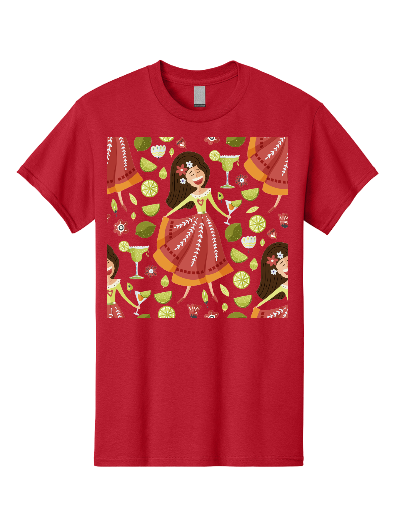 Hula-Girl Men'S Graphic Tee, 100% Cotton, Comfortable Casual Summer Wear, Machine Washable, Hula Girl, Hawaiian Dance, Margarita Cocktails, Citrus Fruits, Floral Patterns, Tropical Leaves, Dancing Woman, Festive Atmosphere, Joyful Moments, - Aaa255 7