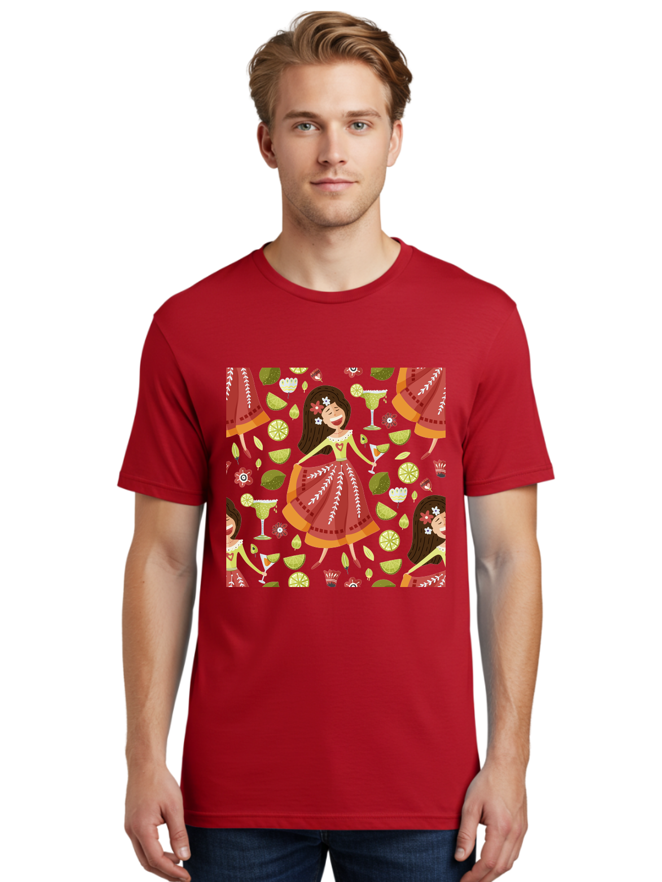 Hula-Girl Men'S Graphic Tee, 100% Cotton, Comfortable Casual Summer Wear, Machine Washable, Hula Girl, Hawaiian Dance, Margarita Cocktails, Citrus Fruits, Floral Patterns, Tropical Leaves, Dancing Woman, Festive Atmosphere, Joyful Moments, - Aaa255 8