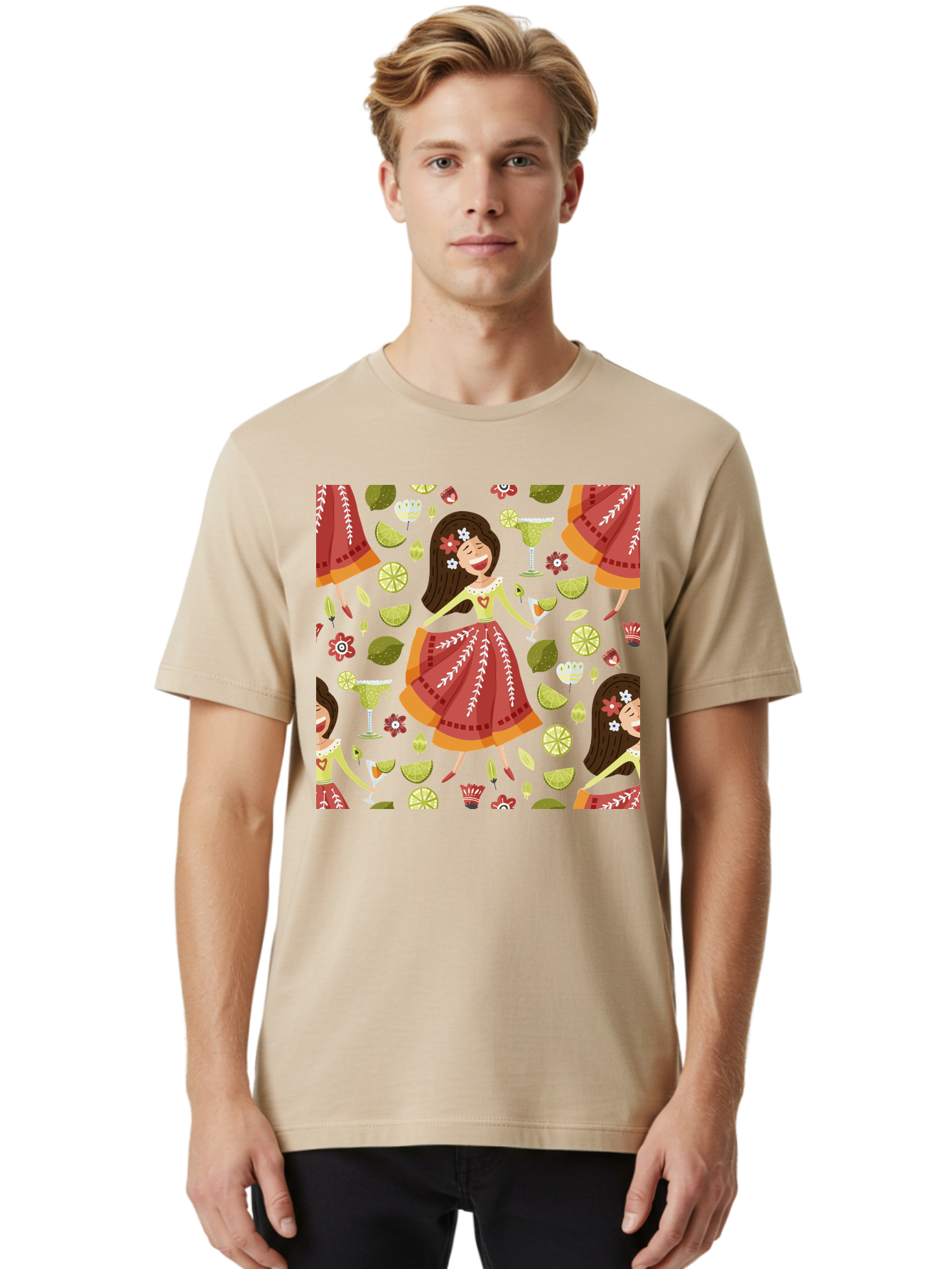 Hula-Girl Men'S Graphic Tee, 100% Cotton, Comfortable Casual Summer Wear, Machine Washable, Hula Girl, Hawaiian Dance, Margarita Cocktails, Citrus Fruits, Floral Patterns, Tropical Leaves, Dancing Woman, Festive Atmosphere, Joyful Moments, - Aaa255 24