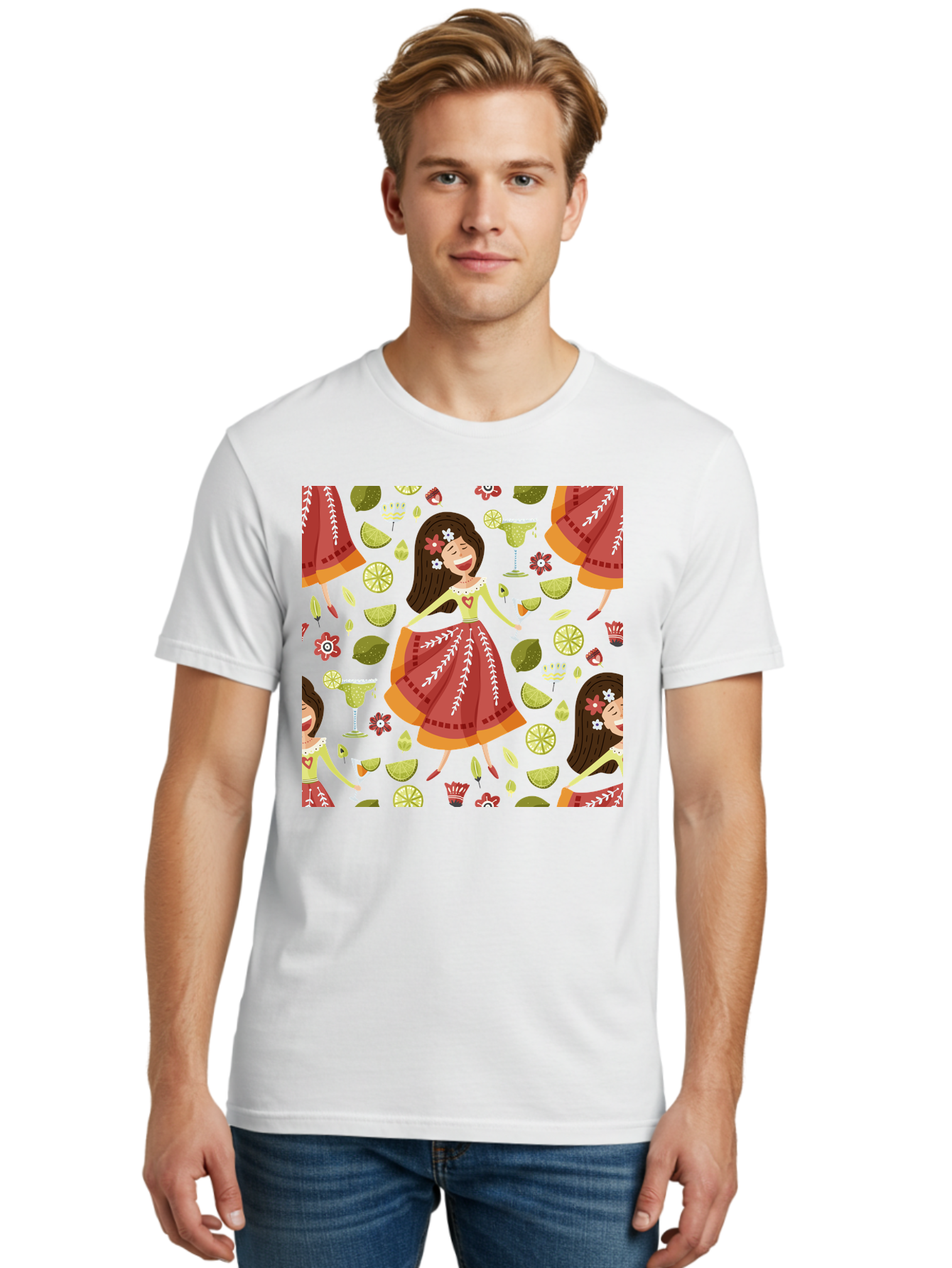Hula-Girl Men'S Graphic Tee, 100% Cotton, Comfortable Casual Summer Wear, Machine Washable, Hula Girl, Hawaiian Dance, Margarita Cocktails, Citrus Fruits, Floral Patterns, Tropical Leaves, Dancing Woman, Festive Atmosphere, Joyful Moments, - Aaa255 28