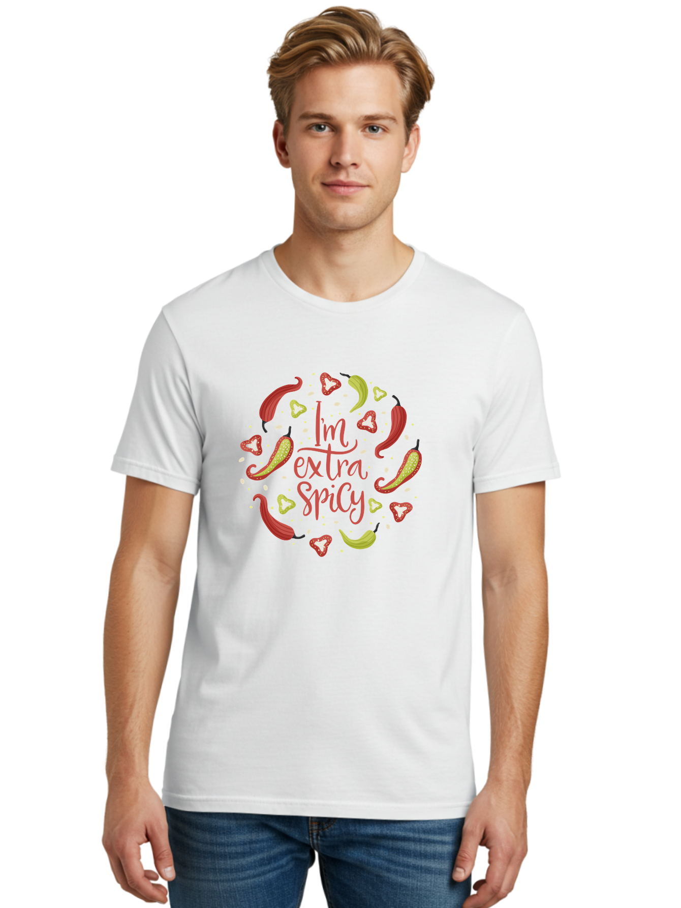 I-M-Extra-Spicy Men'S Graphic Tee, 100% Cotton, Comfortable Casual Summer Wear, Machine Washable, I'M Extra Spicy, Chilli Peppers, Strawberries, Spicy Food, Hot Sauce, Bold Flavors, Vibrant Colors, Playful Design, Quirky Typography, - Aaa261 14