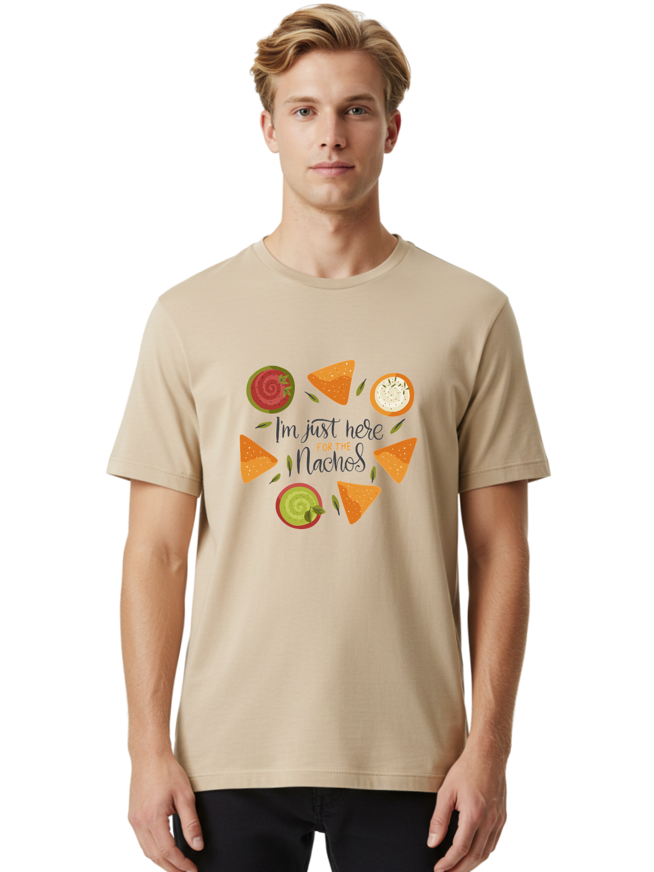 I-M-Just-Here-For-The-Nachos-1 Men'S Graphic Tee, 100% Cotton, Comfortable Casual Summer Wear, Machine Washable, Nachos, Dips, Salsa, Guacamole, Queso, Tortilla Chips, Snack Time, Mexican Food, Party Food, Nacho Cheese, Appetizer - Aaa262 6
