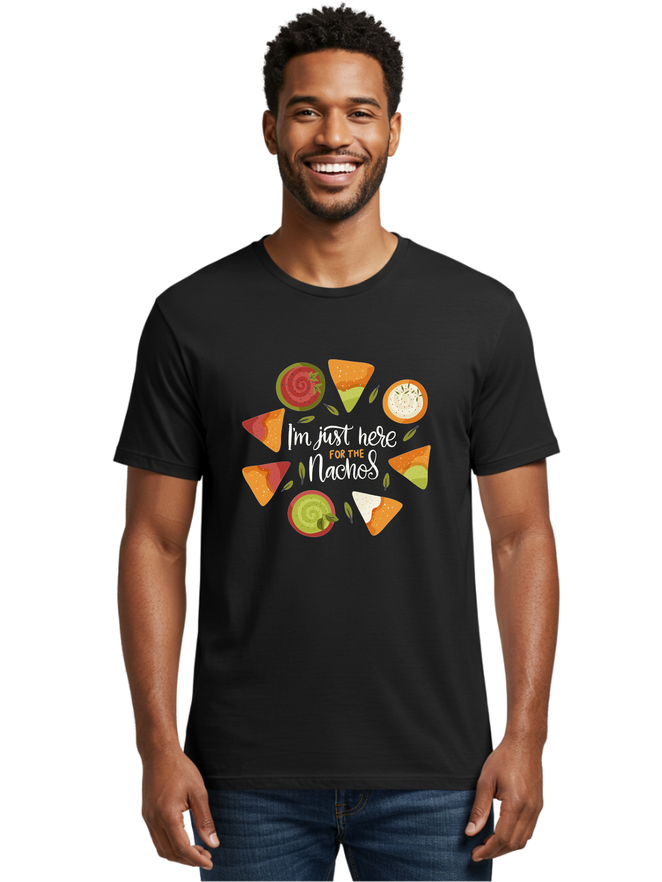 I-M-Just-Here-For-The-Nachos Men'S Graphic Tee, 100% Cotton, Comfortable Casual Summer Wear, Machine Washable, Nachos, Tortilla Chips, Dips, Salsa, Guacamole, Mexican Food, Snack Time, Party Food, Appetizer, Finger Food, Delicious - Aaa265 10