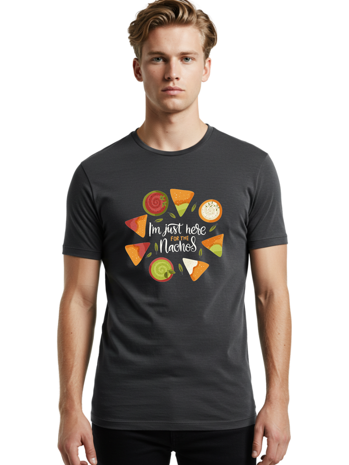 I-M-Just-Here-For-The-Nachos Men'S Graphic Tee, 100% Cotton, Comfortable Casual Summer Wear, Machine Washable, Nachos, Tortilla Chips, Dips, Salsa, Guacamole, Mexican Food, Snack Time, Party Food, Appetizer, Finger Food, Delicious - Aaa265 14