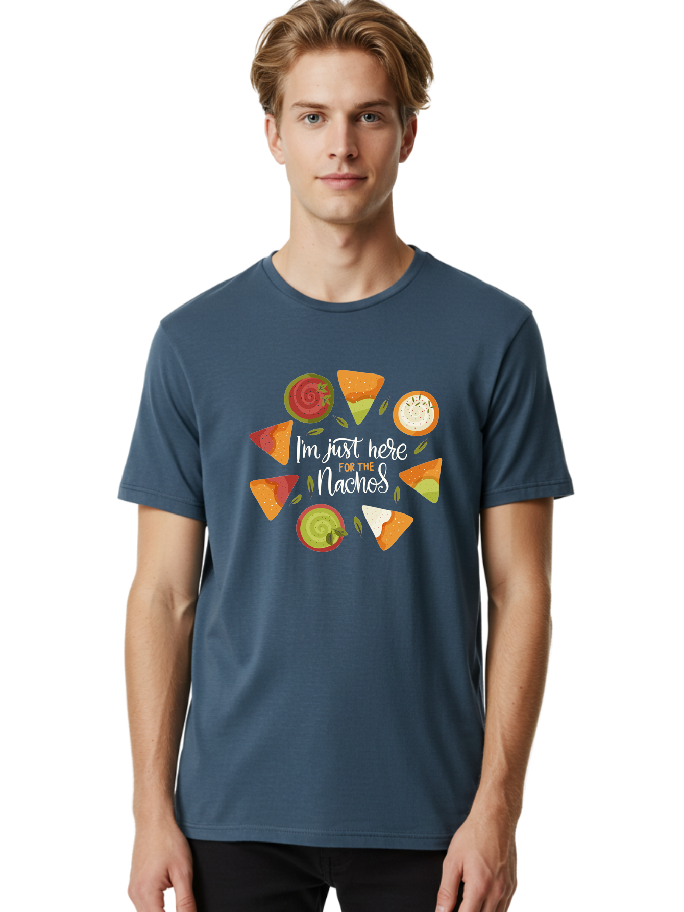 I-M-Just-Here-For-The-Nachos Men'S Graphic Tee, 100% Cotton, Comfortable Casual Summer Wear, Machine Washable, Nachos, Tortilla Chips, Dips, Salsa, Guacamole, Mexican Food, Snack Time, Party Food, Appetizer, Finger Food, Delicious - Aaa265 26
