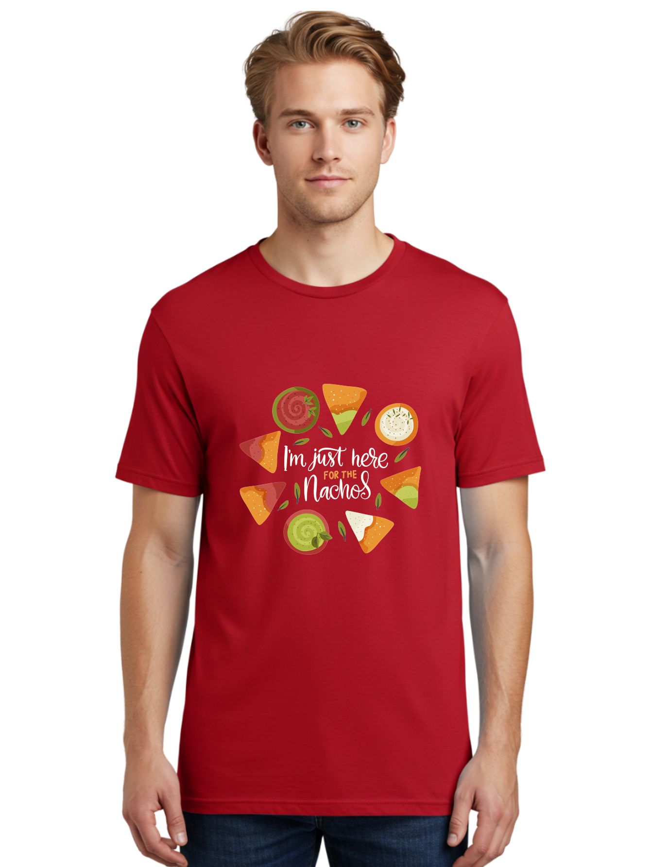 I-M-Just-Here-For-The-Nachos Men'S Graphic Tee, 100% Cotton, Comfortable Casual Summer Wear, Machine Washable, Nachos, Tortilla Chips, Dips, Salsa, Guacamole, Mexican Food, Snack Time, Party Food, Appetizer, Finger Food, Delicious - Aaa265 12