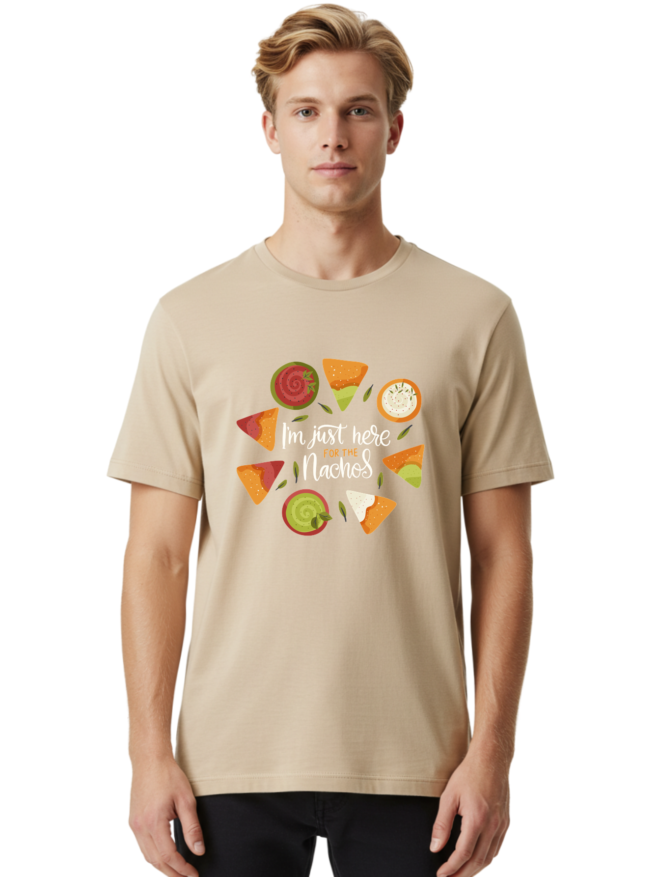 I-M-Just-Here-For-The-Nachos Men'S Graphic Tee, 100% Cotton, Comfortable Casual Summer Wear, Machine Washable, Nachos, Tortilla Chips, Dips, Salsa, Guacamole, Mexican Food, Snack Time, Party Food, Appetizer, Finger Food, Delicious - Aaa265 18