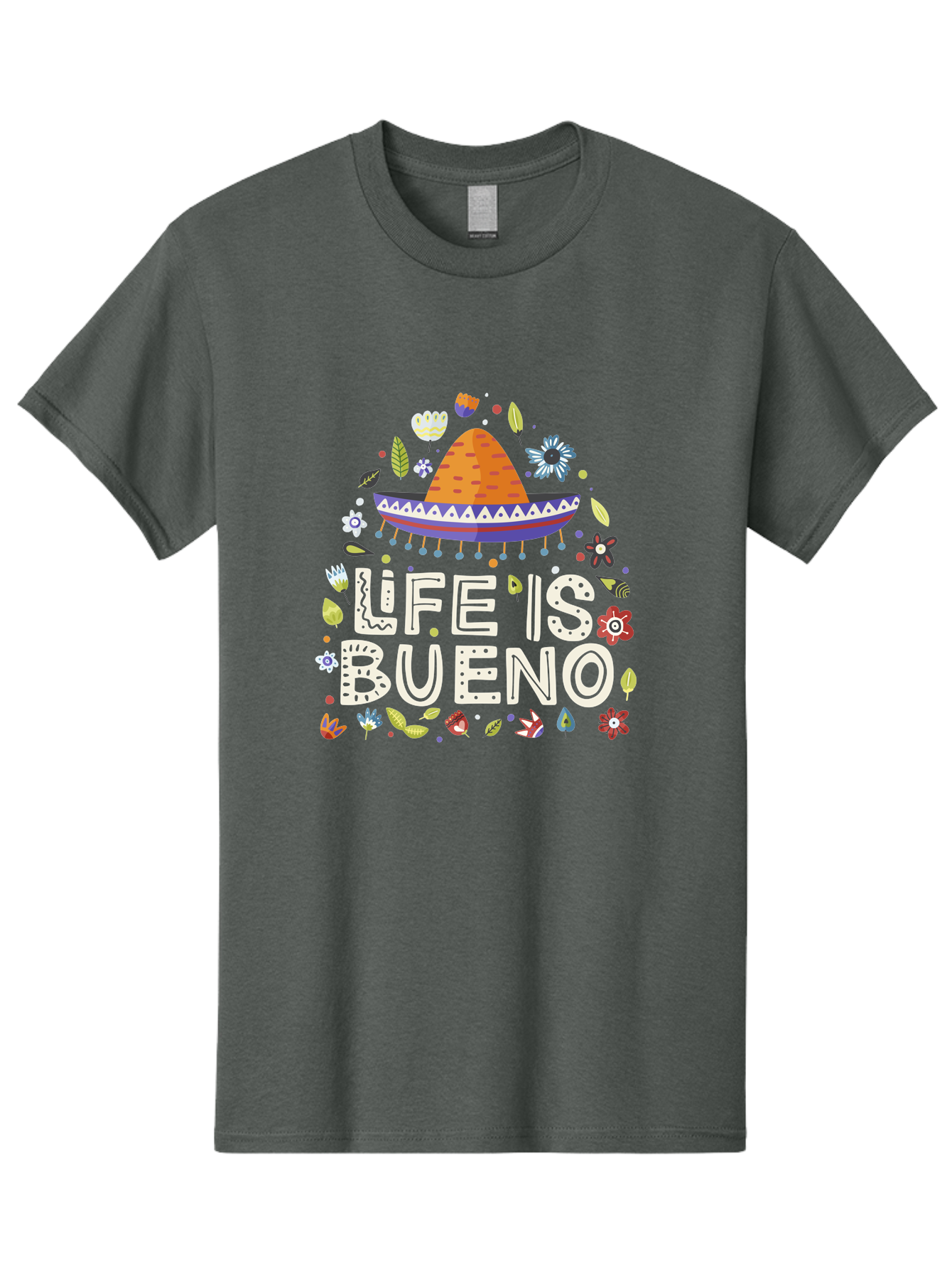 Life-Is-Bueno-1 Men'S Graphic Tee, 100% Cotton, Comfortable Casual Summer Wear, Machine Washable, Colorful Illustration, Sombrero Hat, Flowers, Leaves, Vibrant Colors, Festive Design, Mexican Culture, Positive Vibes, Inspirational Quote, - Aaa269 13