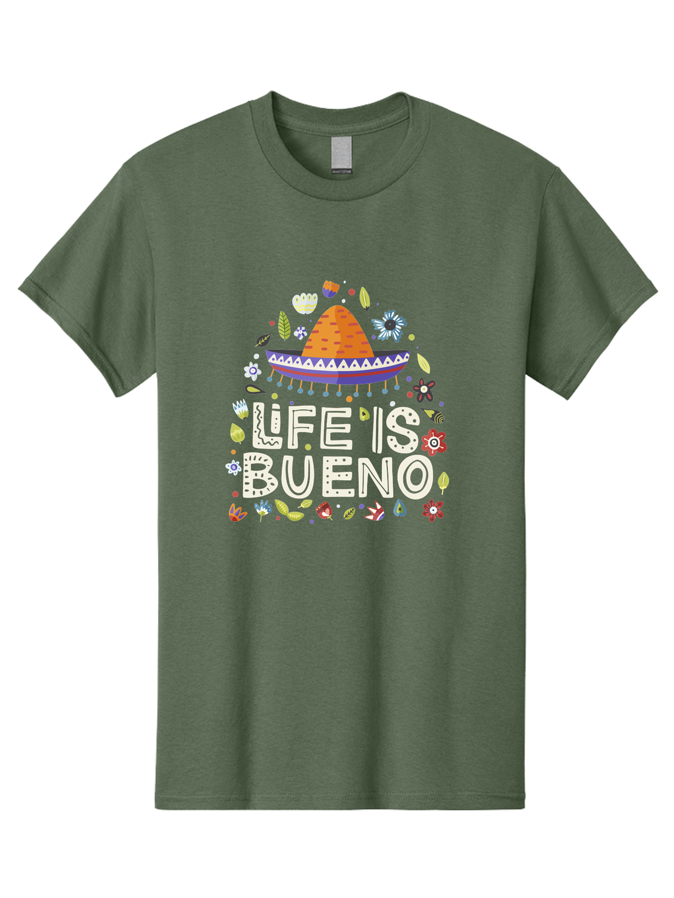 Life-Is-Bueno-1 Men'S Graphic Tee, 100% Cotton, Comfortable Casual Summer Wear, Machine Washable, Colorful Illustration, Sombrero Hat, Flowers, Leaves, Vibrant Colors, Festive Design, Mexican Culture, Positive Vibes, Inspirational Quote, - Aaa269 23