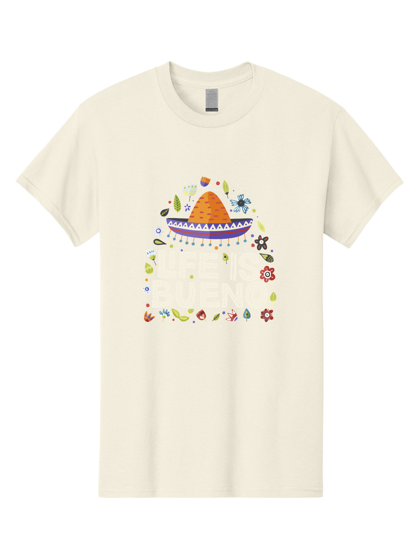 Life-Is-Bueno-1 Men'S Graphic Tee, 100% Cotton, Comfortable Casual Summer Wear, Machine Washable, Colorful Illustration, Sombrero Hat, Flowers, Leaves, Vibrant Colors, Festive Design, Mexican Culture, Positive Vibes, Inspirational Quote, - Aaa269 27