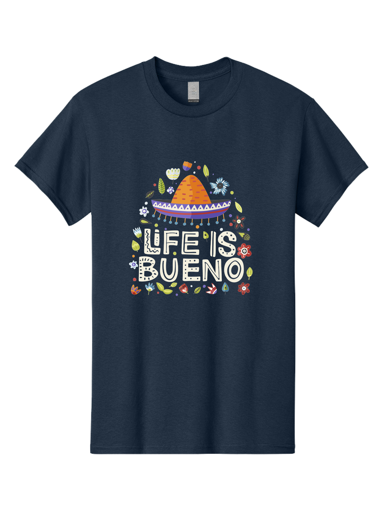 Life-Is-Bueno-1 Men'S Graphic Tee, 100% Cotton, Comfortable Casual Summer Wear, Machine Washable, Colorful Illustration, Sombrero Hat, Flowers, Leaves, Vibrant Colors, Festive Design, Mexican Culture, Positive Vibes, Inspirational Quote, - Aaa269 11