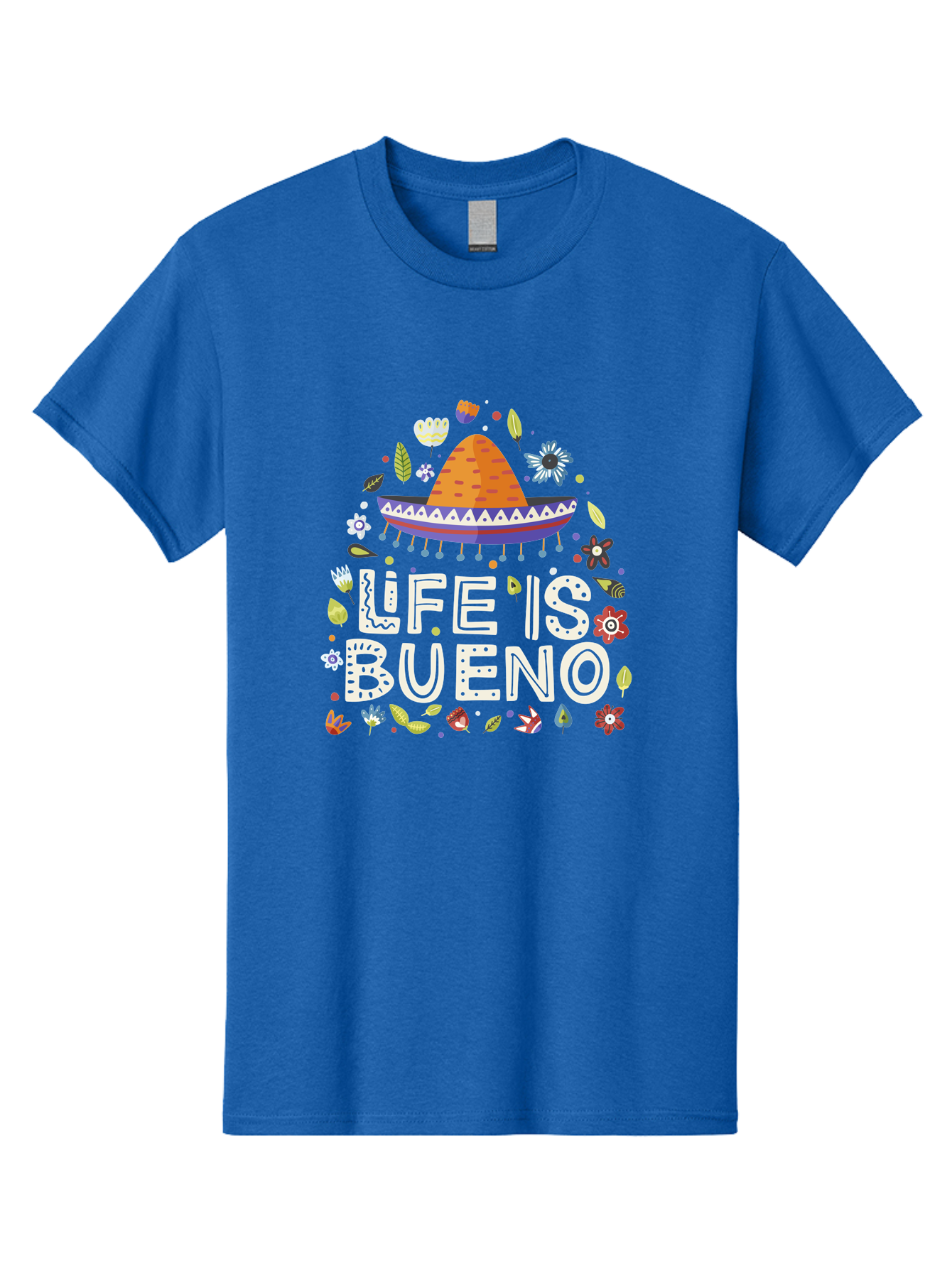 Life-Is-Bueno-1 Men'S Graphic Tee, 100% Cotton, Comfortable Casual Summer Wear, Machine Washable, Colorful Illustration, Sombrero Hat, Flowers, Leaves, Vibrant Colors, Festive Design, Mexican Culture, Positive Vibes, Inspirational Quote, - Aaa269 5