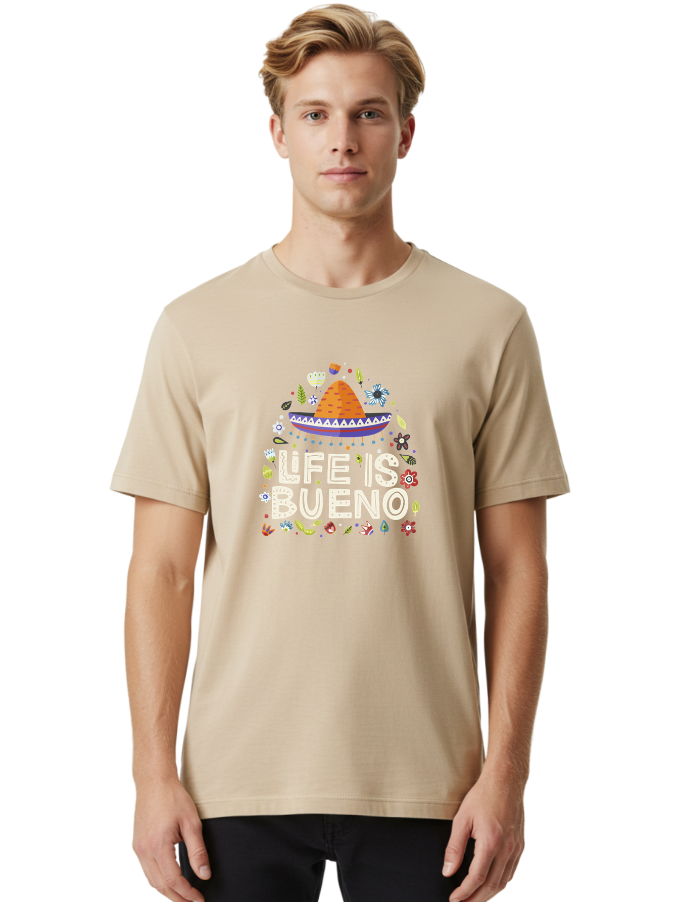 Life-Is-Bueno-1 Men'S Graphic Tee, 100% Cotton, Comfortable Casual Summer Wear, Machine Washable, Colorful Illustration, Sombrero Hat, Flowers, Leaves, Vibrant Colors, Festive Design, Mexican Culture, Positive Vibes, Inspirational Quote, - Aaa269 8