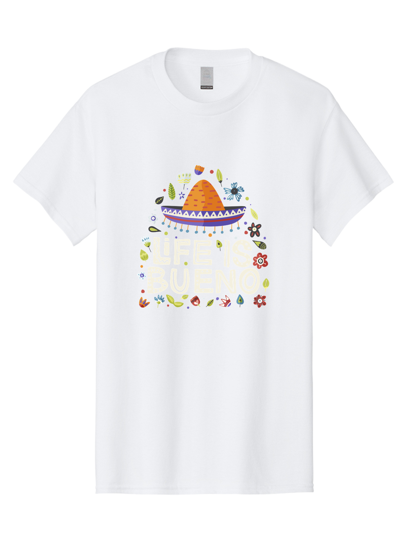 Life-Is-Bueno-1 Men'S Graphic Tee, 100% Cotton, Comfortable Casual Summer Wear, Machine Washable, Colorful Illustration, Sombrero Hat, Flowers, Leaves, Vibrant Colors, Festive Design, Mexican Culture, Positive Vibes, Inspirational Quote, - Aaa269 9