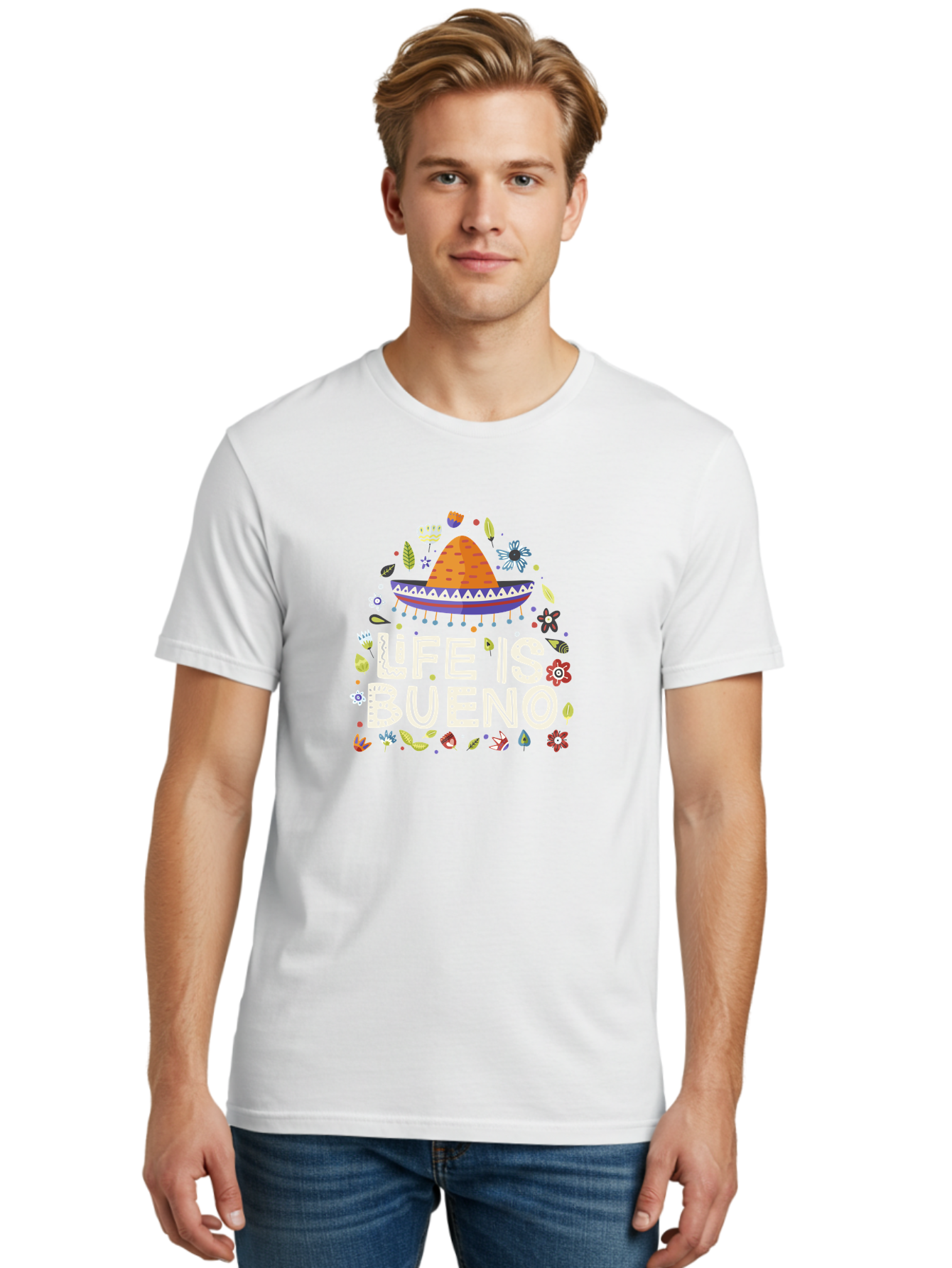 Life-Is-Bueno-1 Men'S Graphic Tee, 100% Cotton, Comfortable Casual Summer Wear, Machine Washable, Colorful Illustration, Sombrero Hat, Flowers, Leaves, Vibrant Colors, Festive Design, Mexican Culture, Positive Vibes, Inspirational Quote, - Aaa269 10