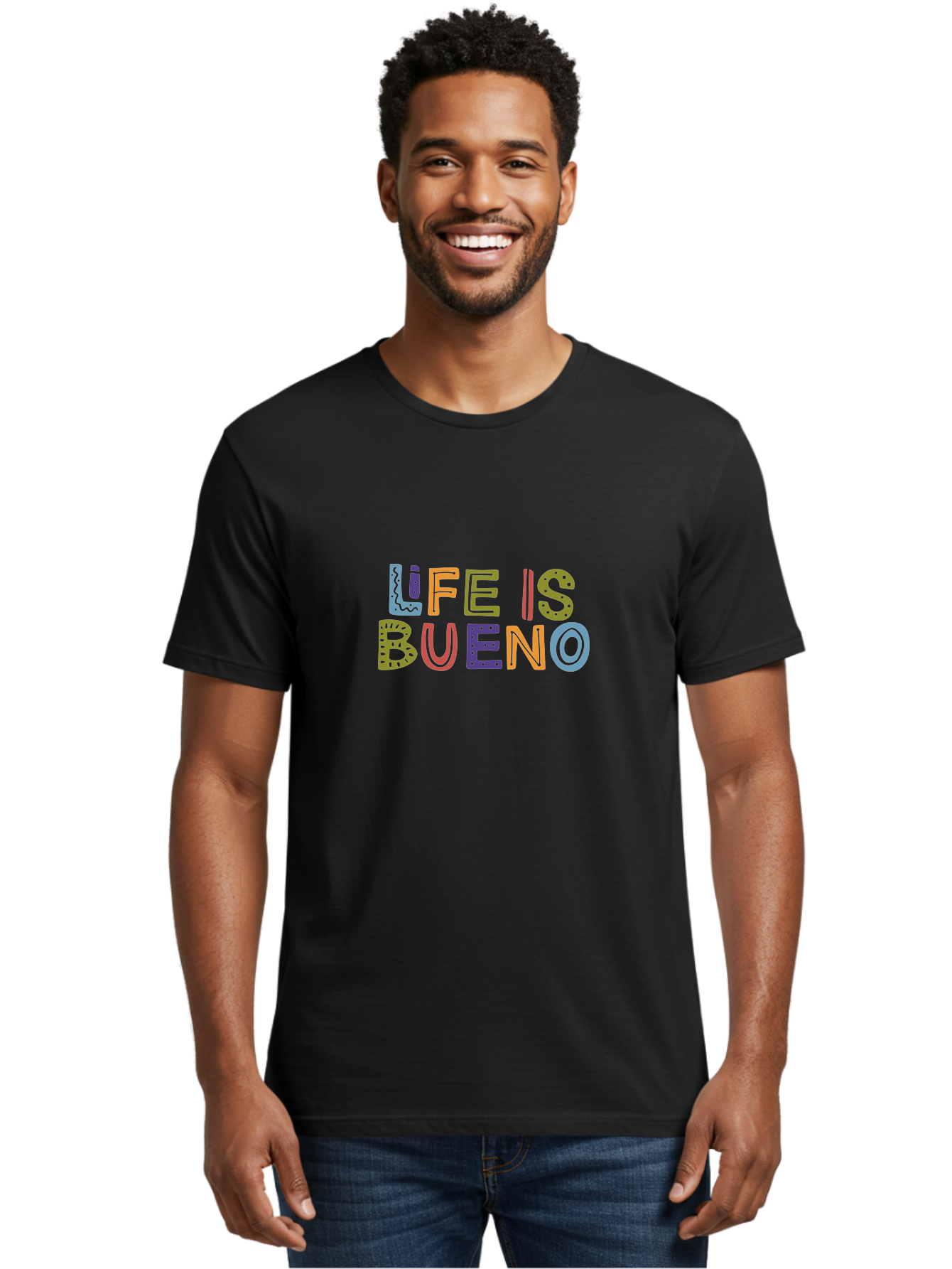 Life-Is-Bueno-3 Men'S Graphic Tee, 100% Cotton, Comfortable Casual Summer Wear, Machine Washable, Multicolored Lettering, Inspirational Quote, Motivational Phrase, Colorful Typography, Positive Vibes, Happiness, Life Is Bueno - Aaa271 6
