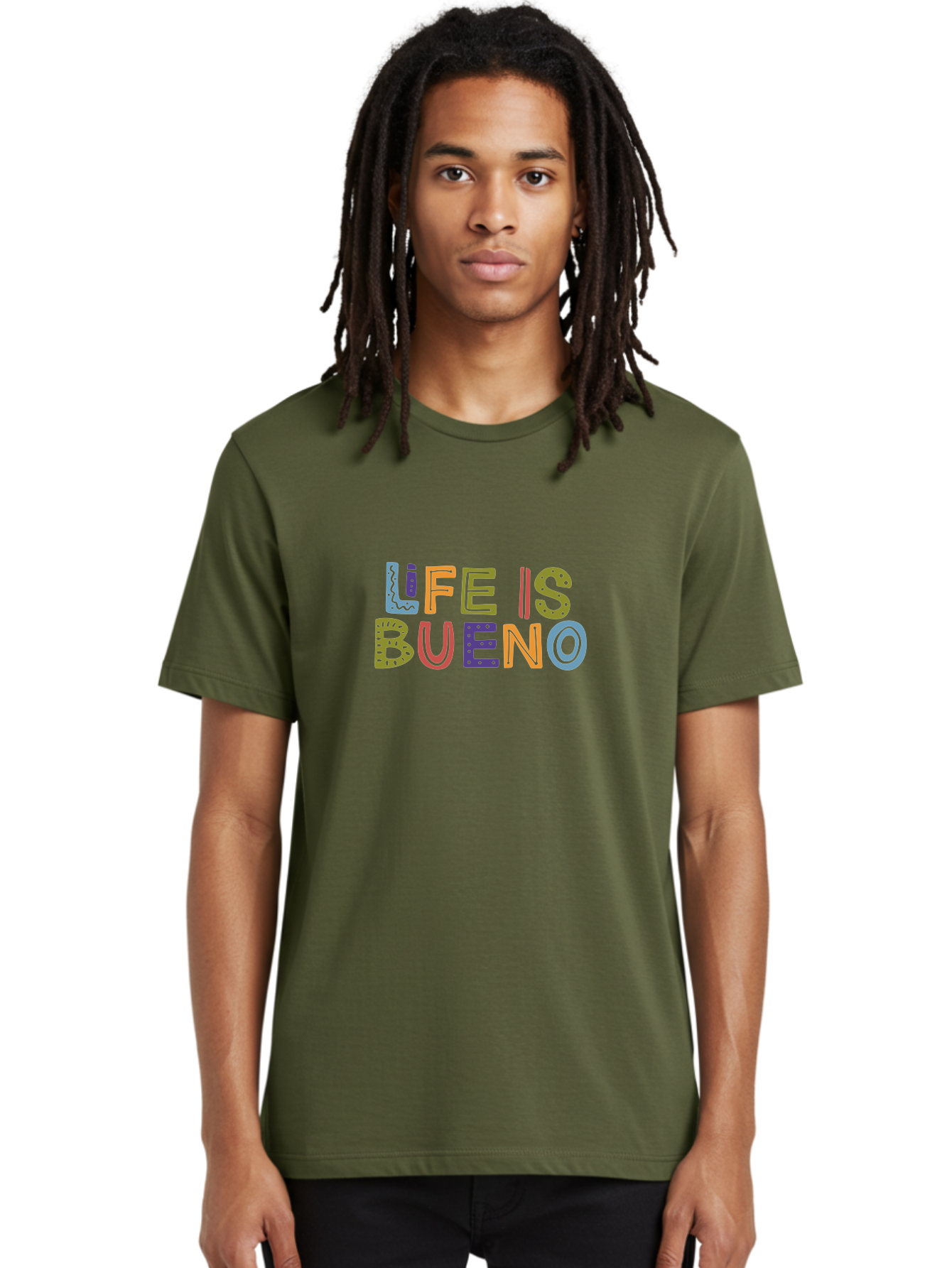 Life-Is-Bueno-3 Men'S Graphic Tee, 100% Cotton, Comfortable Casual Summer Wear, Machine Washable, Multicolored Lettering, Inspirational Quote, Motivational Phrase, Colorful Typography, Positive Vibes, Happiness, Life Is Bueno - Aaa271 24