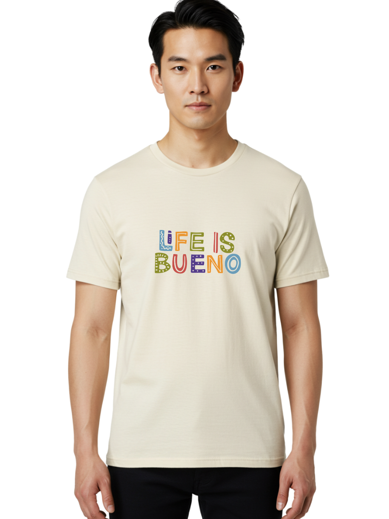 Life-Is-Bueno-3 Men'S Graphic Tee, 100% Cotton, Comfortable Casual Summer Wear, Machine Washable, Multicolored Lettering, Inspirational Quote, Motivational Phrase, Colorful Typography, Positive Vibes, Happiness, Life Is Bueno - Aaa271 8