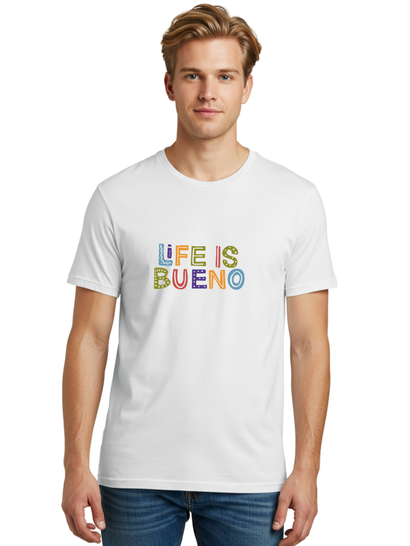 Life-Is-Bueno-3 Men'S Graphic Tee, 100% Cotton, Comfortable Casual Summer Wear, Machine Washable, Multicolored Lettering, Inspirational Quote, Motivational Phrase, Colorful Typography, Positive Vibes, Happiness, Life Is Bueno - Aaa271 14