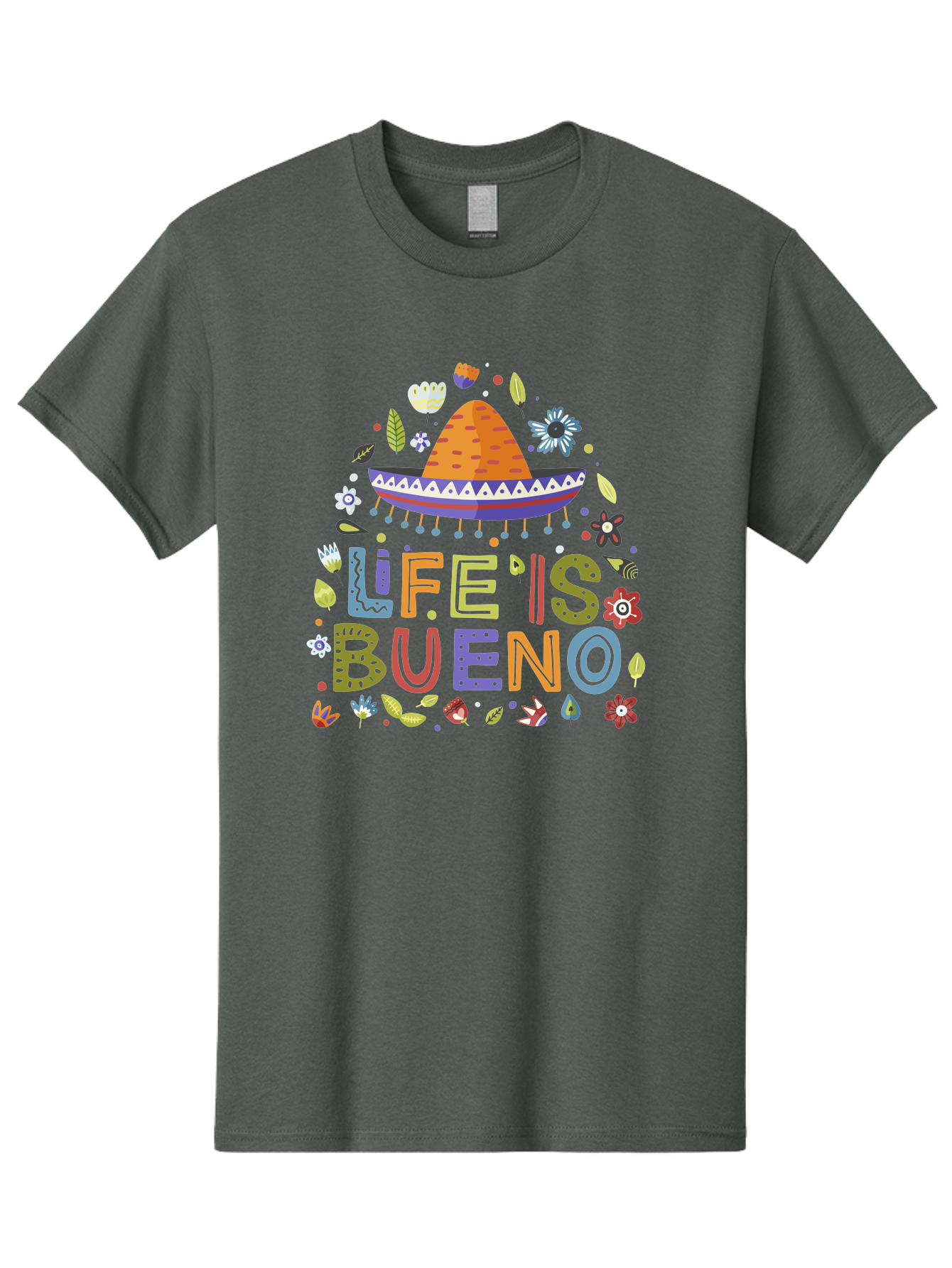 Life-Is-Bueno Men'S Graphic Tee, 100% Cotton, Comfortable Casual Summer Wear, Machine Washable, Colorful Sombrero, Vibrant Flowers, Festive Design, Fun Typography, Life Is Bueno Phrase, Lively Atmosphere, Festive Vibe, Celebration Theme, - Aaa272 27