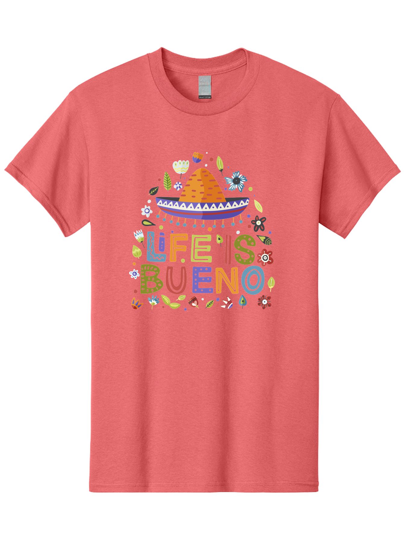 Life-Is-Bueno Men'S Graphic Tee, 100% Cotton, Comfortable Casual Summer Wear, Machine Washable, Colorful Sombrero, Vibrant Flowers, Festive Design, Fun Typography, Life Is Bueno Phrase, Lively Atmosphere, Festive Vibe, Celebration Theme, - Aaa272 11