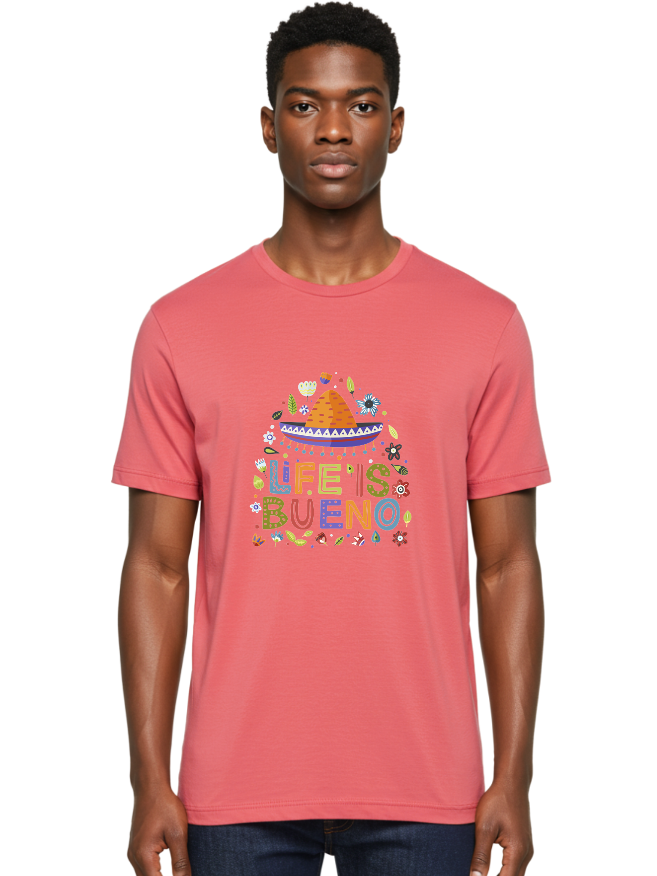 Life-Is-Bueno Men'S Graphic Tee, 100% Cotton, Comfortable Casual Summer Wear, Machine Washable, Colorful Sombrero, Vibrant Flowers, Festive Design, Fun Typography, Life Is Bueno Phrase, Lively Atmosphere, Festive Vibe, Celebration Theme, - Aaa272 12
