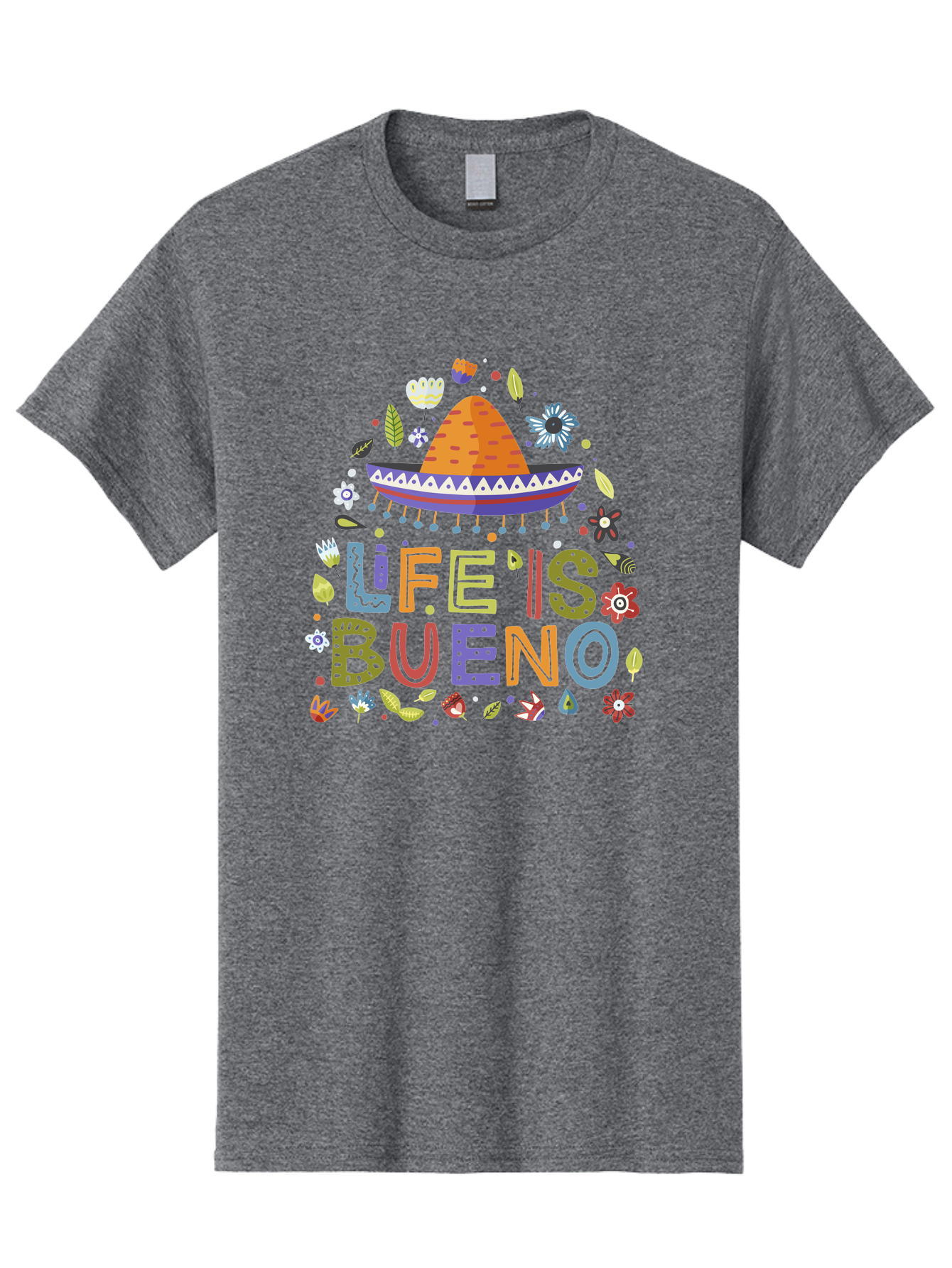 Life-Is-Bueno Men'S Graphic Tee, 100% Cotton, Comfortable Casual Summer Wear, Machine Washable, Colorful Sombrero, Vibrant Flowers, Festive Design, Fun Typography, Life Is Bueno Phrase, Lively Atmosphere, Festive Vibe, Celebration Theme, - Aaa272 19