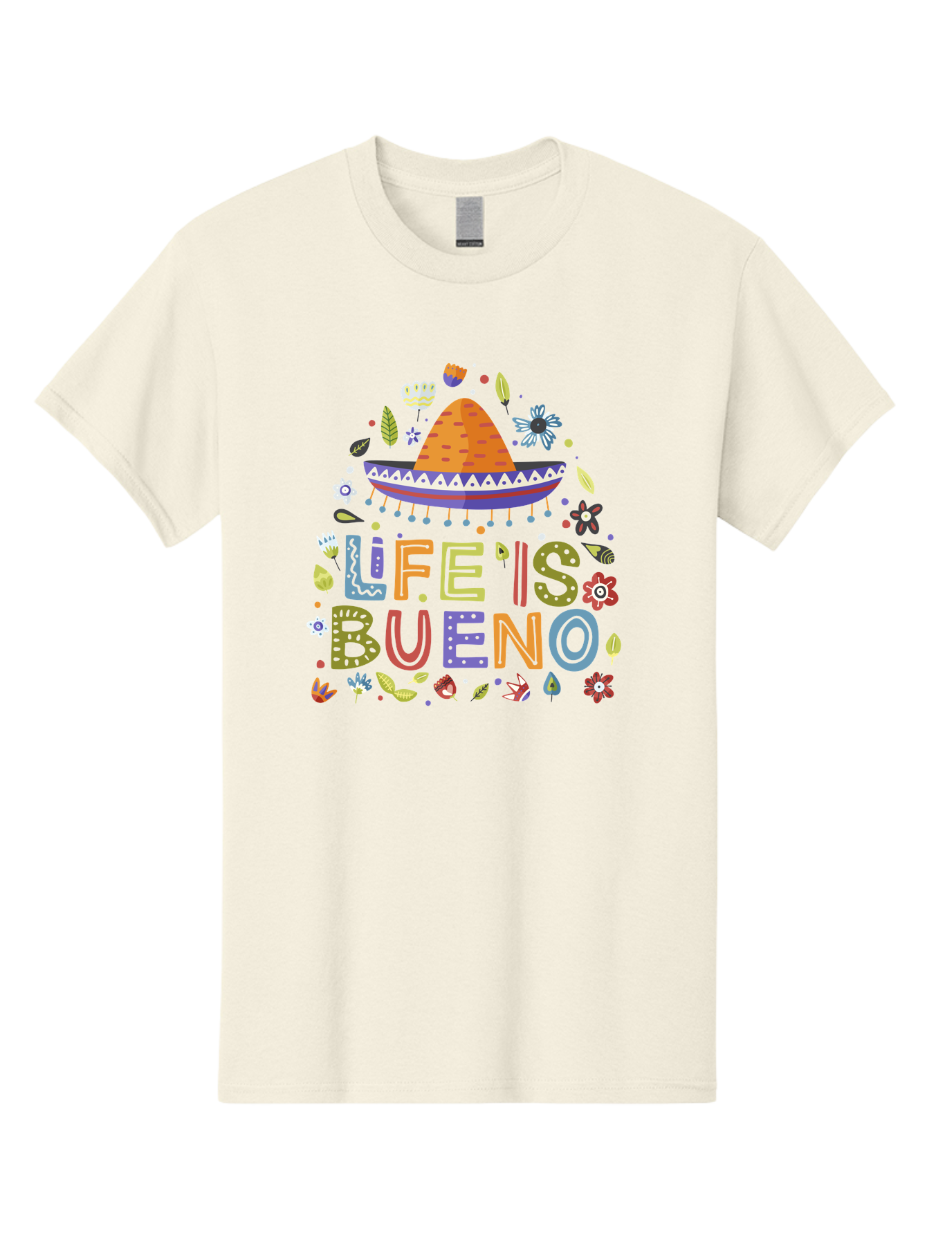 Life-Is-Bueno Men'S Graphic Tee, 100% Cotton, Comfortable Casual Summer Wear, Machine Washable, Colorful Sombrero, Vibrant Flowers, Festive Design, Fun Typography, Life Is Bueno Phrase, Lively Atmosphere, Festive Vibe, Celebration Theme, - Aaa272 9