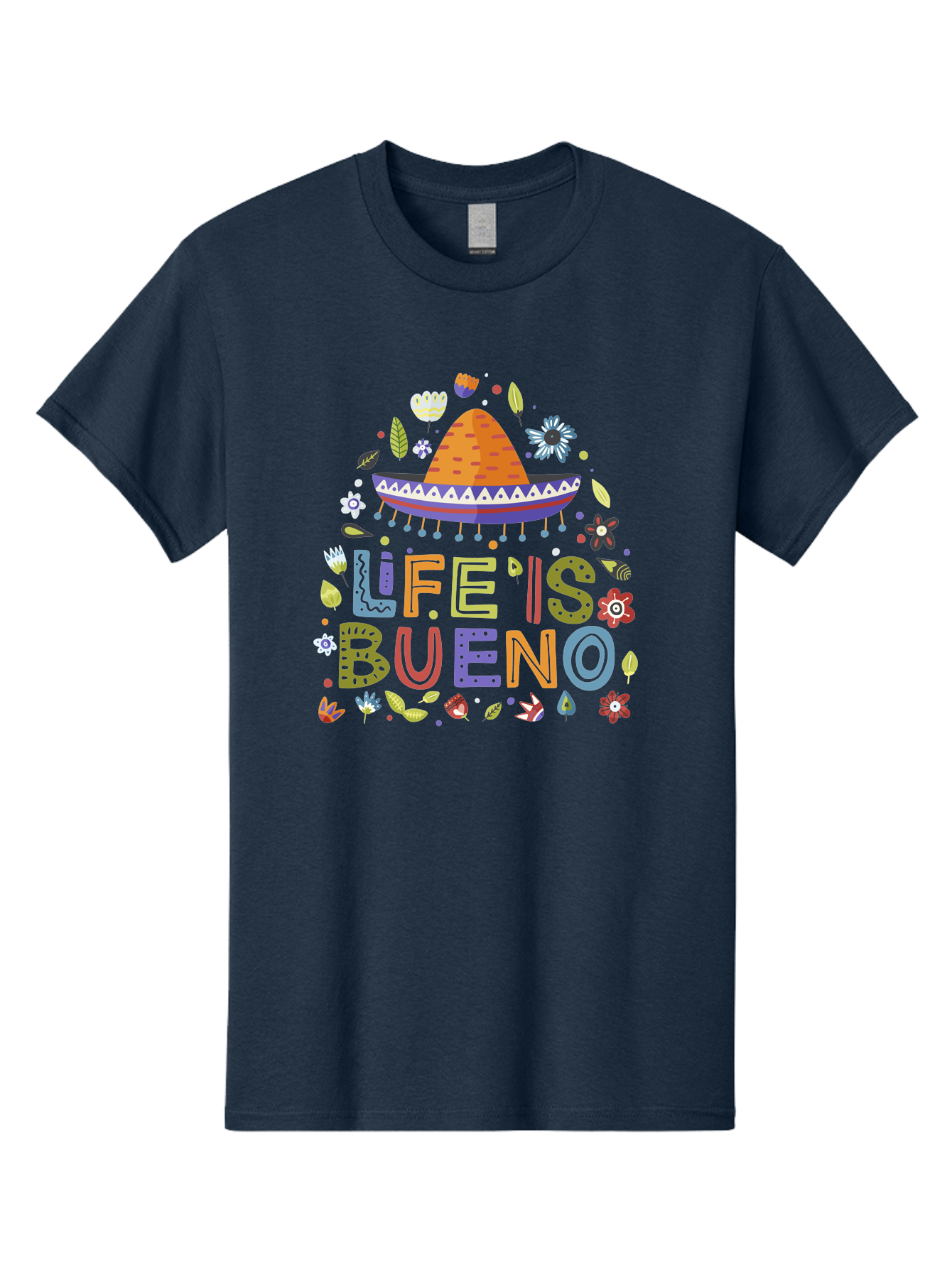 Life-Is-Bueno Men'S Graphic Tee, 100% Cotton, Comfortable Casual Summer Wear, Machine Washable, Colorful Sombrero, Vibrant Flowers, Festive Design, Fun Typography, Life Is Bueno Phrase, Lively Atmosphere, Festive Vibe, Celebration Theme, - Aaa272 5