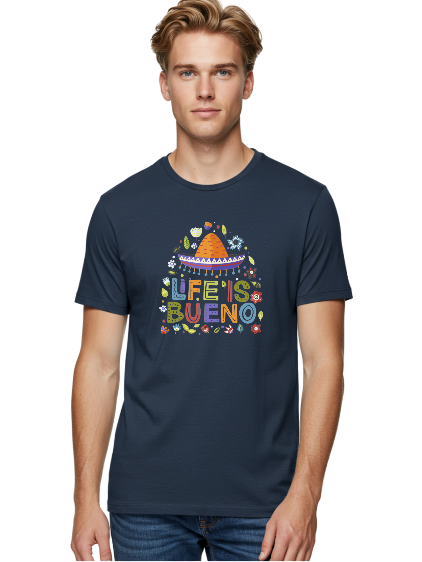 Life-Is-Bueno Men'S Graphic Tee, 100% Cotton, Comfortable Casual Summer Wear, Machine Washable, Colorful Sombrero, Vibrant Flowers, Festive Design, Fun Typography, Life Is Bueno Phrase, Lively Atmosphere, Festive Vibe, Celebration Theme, - Aaa272 6