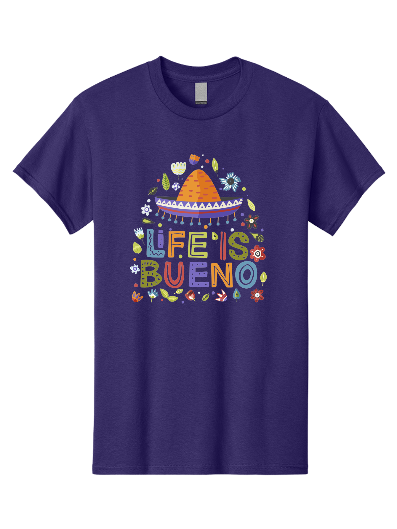 Life-Is-Bueno Men'S Graphic Tee, 100% Cotton, Comfortable Casual Summer Wear, Machine Washable, Colorful Sombrero, Vibrant Flowers, Festive Design, Fun Typography, Life Is Bueno Phrase, Lively Atmosphere, Festive Vibe, Celebration Theme, - Aaa272 21