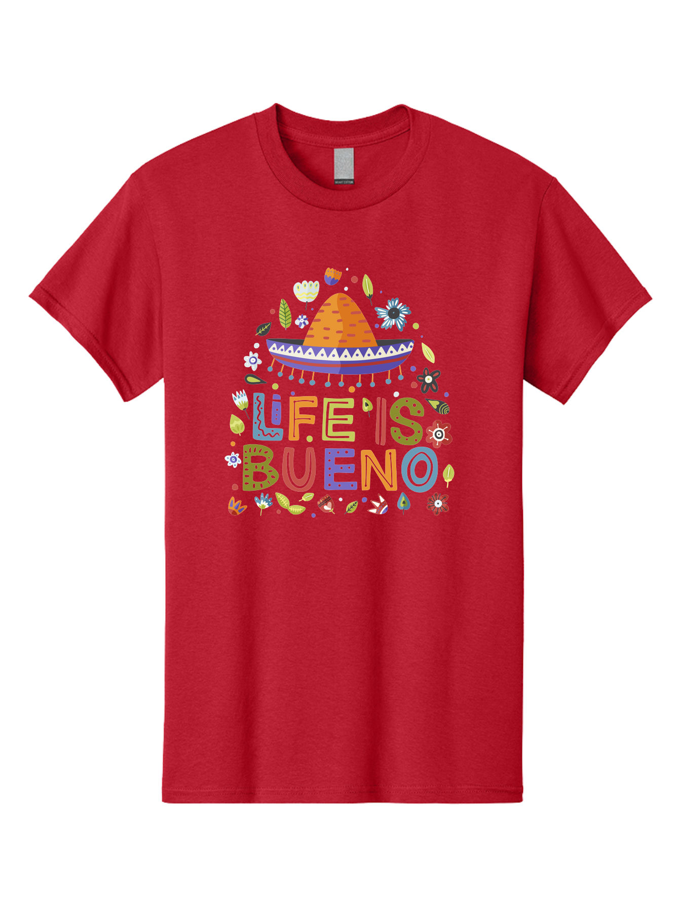 Life-Is-Bueno Men'S Graphic Tee, 100% Cotton, Comfortable Casual Summer Wear, Machine Washable, Colorful Sombrero, Vibrant Flowers, Festive Design, Fun Typography, Life Is Bueno Phrase, Lively Atmosphere, Festive Vibe, Celebration Theme, - Aaa272 15