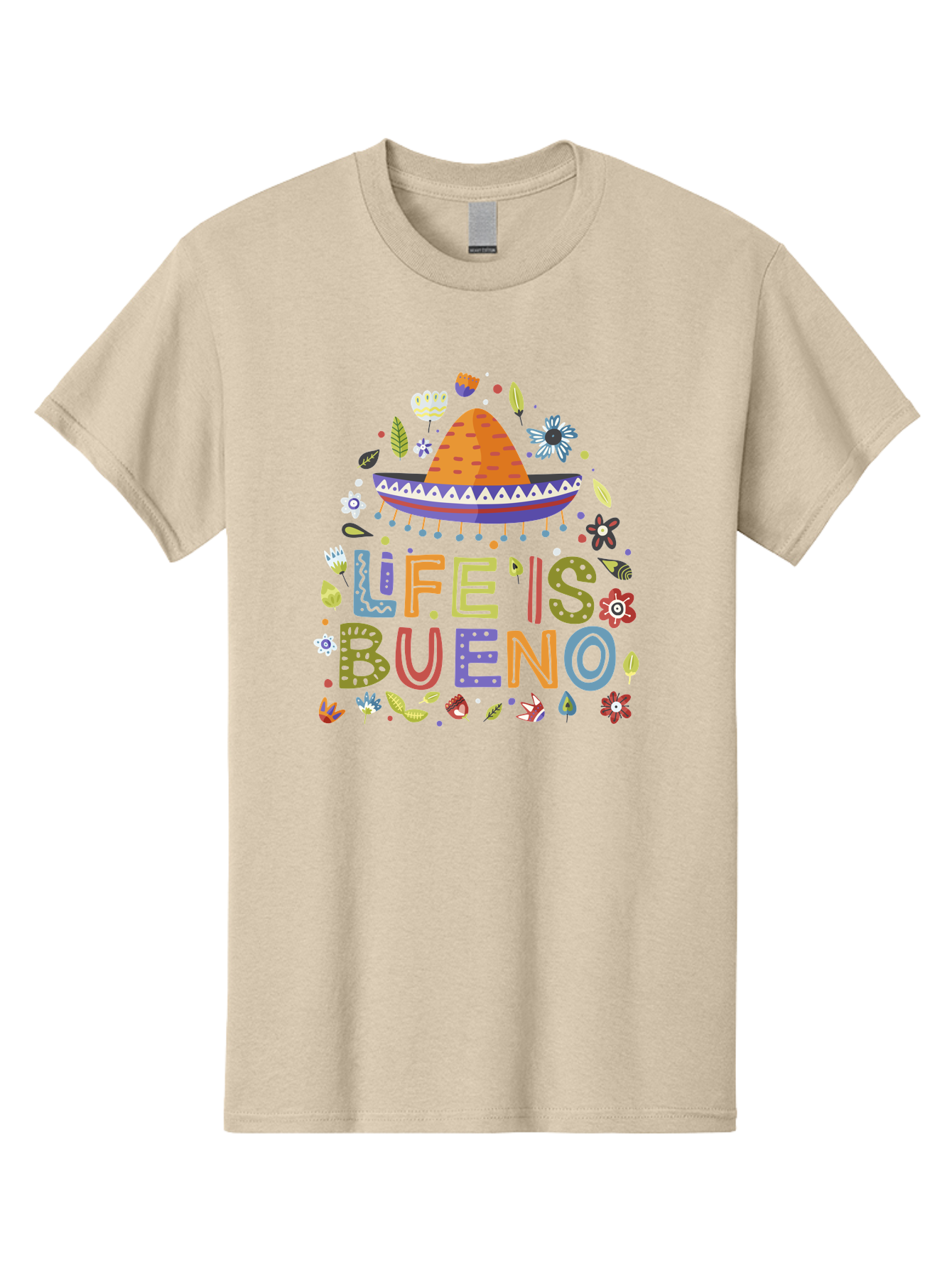 Life-Is-Bueno Men'S Graphic Tee, 100% Cotton, Comfortable Casual Summer Wear, Machine Washable, Colorful Sombrero, Vibrant Flowers, Festive Design, Fun Typography, Life Is Bueno Phrase, Lively Atmosphere, Festive Vibe, Celebration Theme, - Aaa272 17