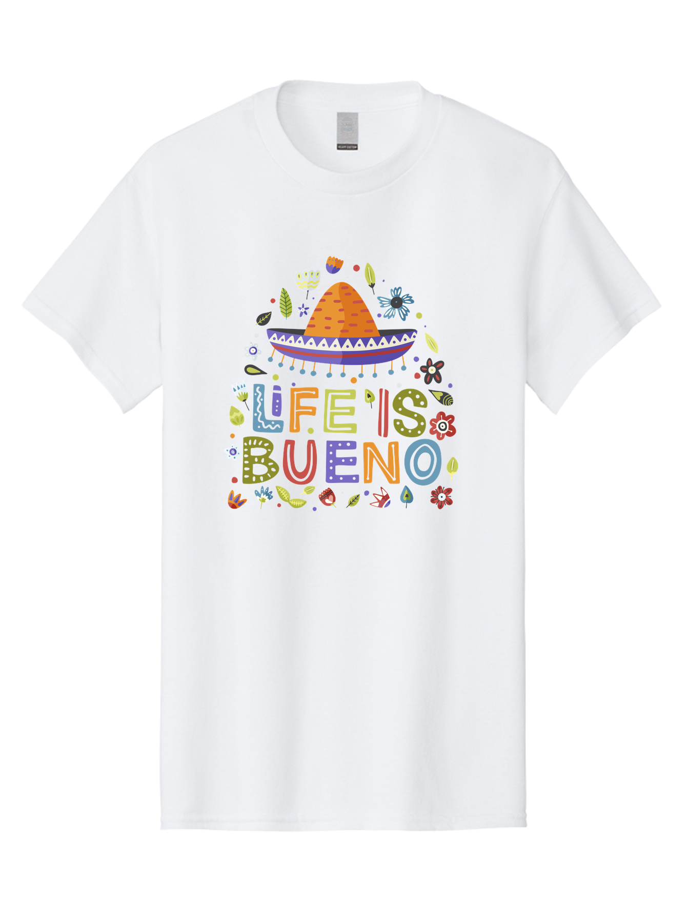 Life-Is-Bueno Men'S Graphic Tee, 100% Cotton, Comfortable Casual Summer Wear, Machine Washable, Colorful Sombrero, Vibrant Flowers, Festive Design, Fun Typography, Life Is Bueno Phrase, Lively Atmosphere, Festive Vibe, Celebration Theme, - Aaa272 13