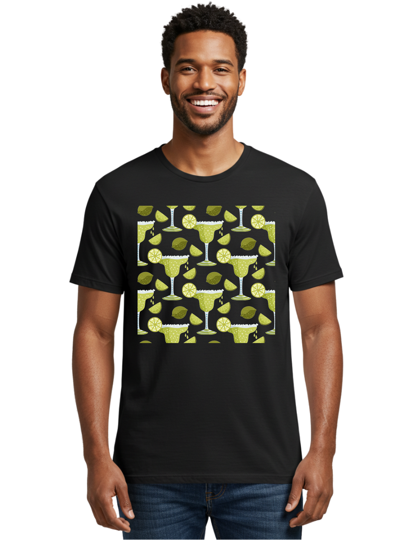 Margarita-Glasses-Lime-Wedges Men'S Graphic Tee, 100% Cotton, Comfortable Casual Summer Wear, Machine Washable, Margarita Glasses, Cocktail Glasses, Yellow Polka Dots, Salt Rims, Lime Wedges, Citrus Slices, Festive Patterns, - Aaa277 24