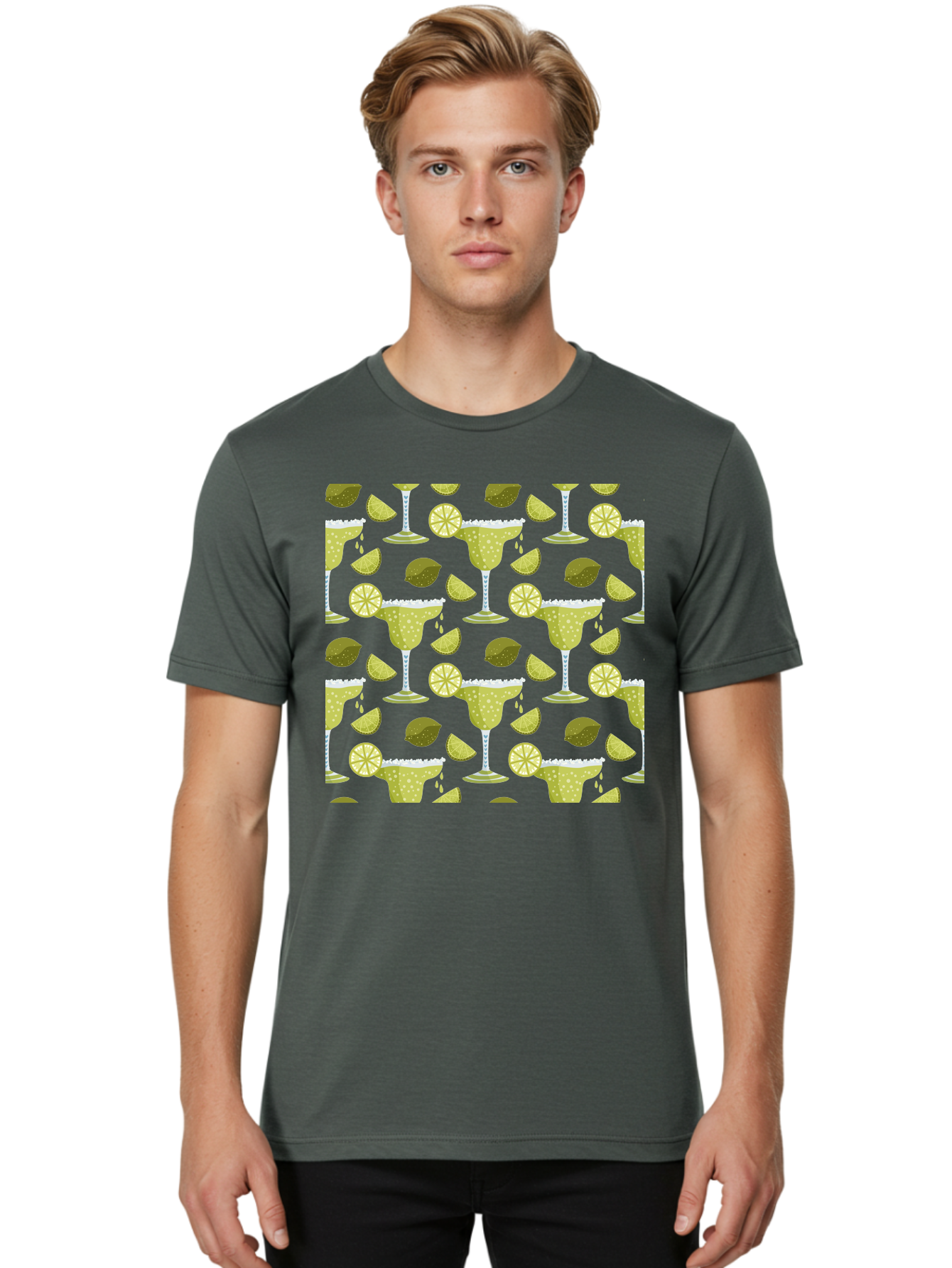 Margarita-Glasses-Lime-Wedges Men'S Graphic Tee, 100% Cotton, Comfortable Casual Summer Wear, Machine Washable, Margarita Glasses, Cocktail Glasses, Yellow Polka Dots, Salt Rims, Lime Wedges, Citrus Slices, Festive Patterns, - Aaa277 8
