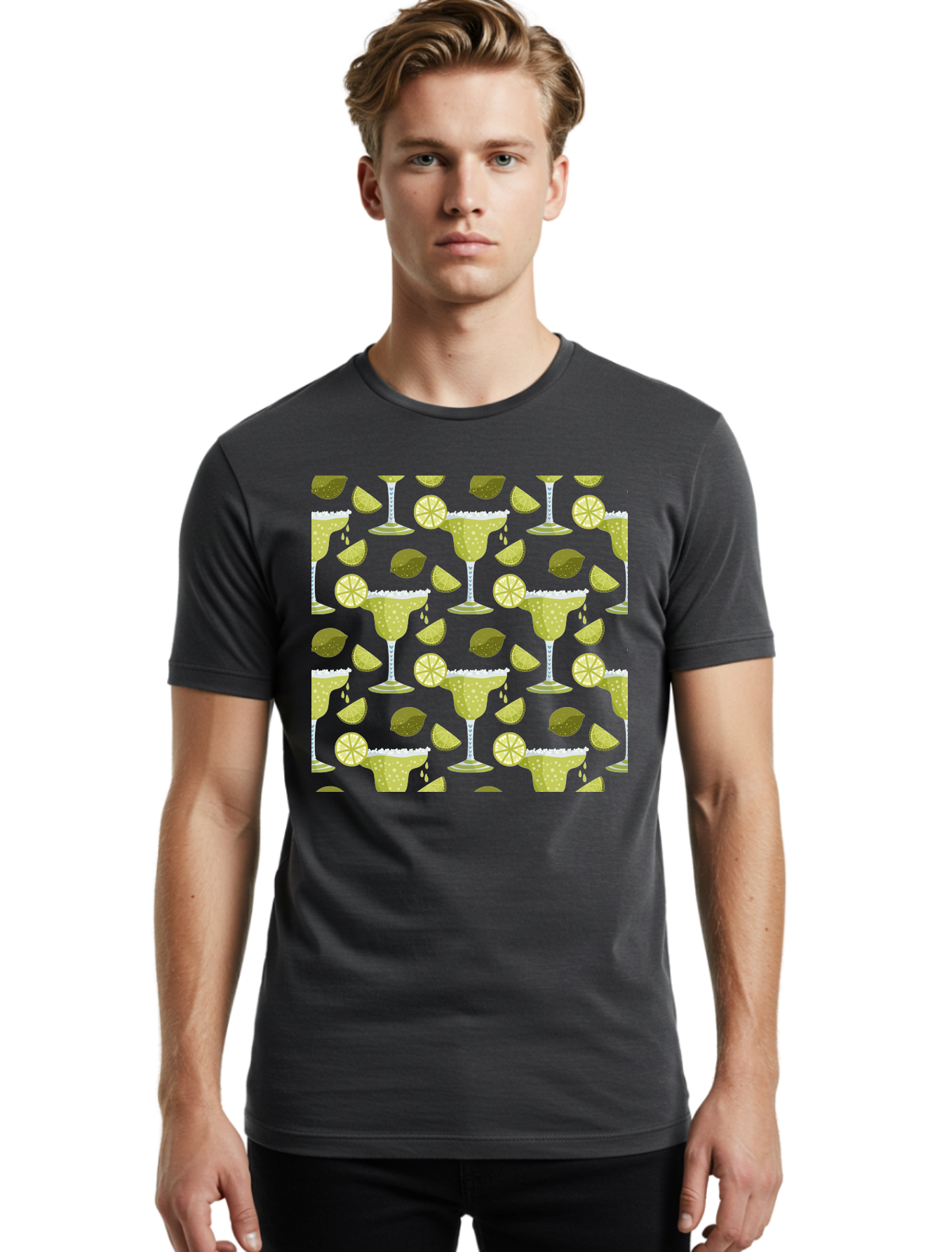 Margarita-Glasses-Lime-Wedges Men'S Graphic Tee, 100% Cotton, Comfortable Casual Summer Wear, Machine Washable, Margarita Glasses, Cocktail Glasses, Yellow Polka Dots, Salt Rims, Lime Wedges, Citrus Slices, Festive Patterns, - Aaa277 26