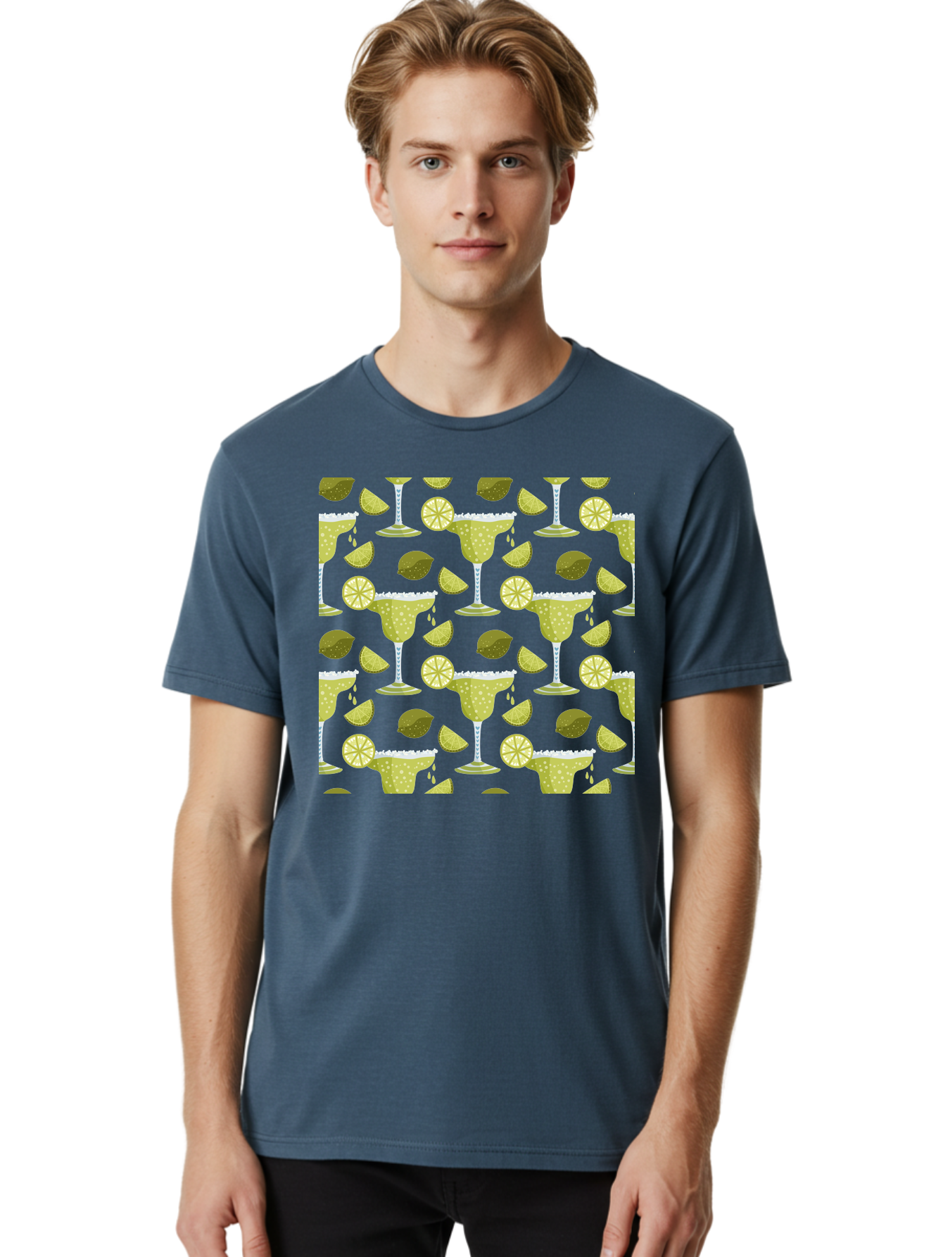Margarita-Glasses-Lime-Wedges Men'S Graphic Tee, 100% Cotton, Comfortable Casual Summer Wear, Machine Washable, Margarita Glasses, Cocktail Glasses, Yellow Polka Dots, Salt Rims, Lime Wedges, Citrus Slices, Festive Patterns, - Aaa277 4