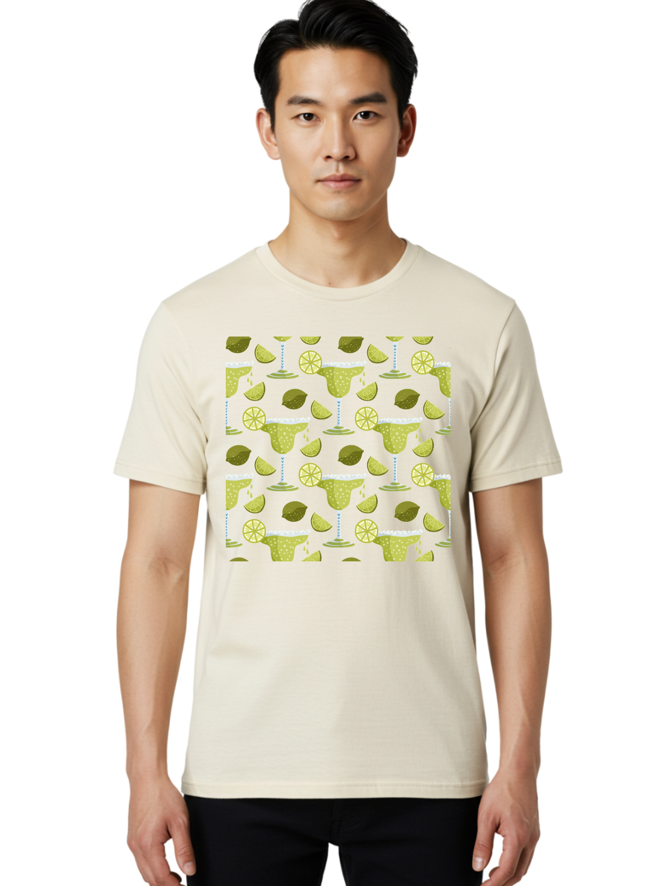 Margarita-Glasses-Lime-Wedges Men'S Graphic Tee, 100% Cotton, Comfortable Casual Summer Wear, Machine Washable, Margarita Glasses, Cocktail Glasses, Yellow Polka Dots, Salt Rims, Lime Wedges, Citrus Slices, Festive Patterns, - Aaa277 12