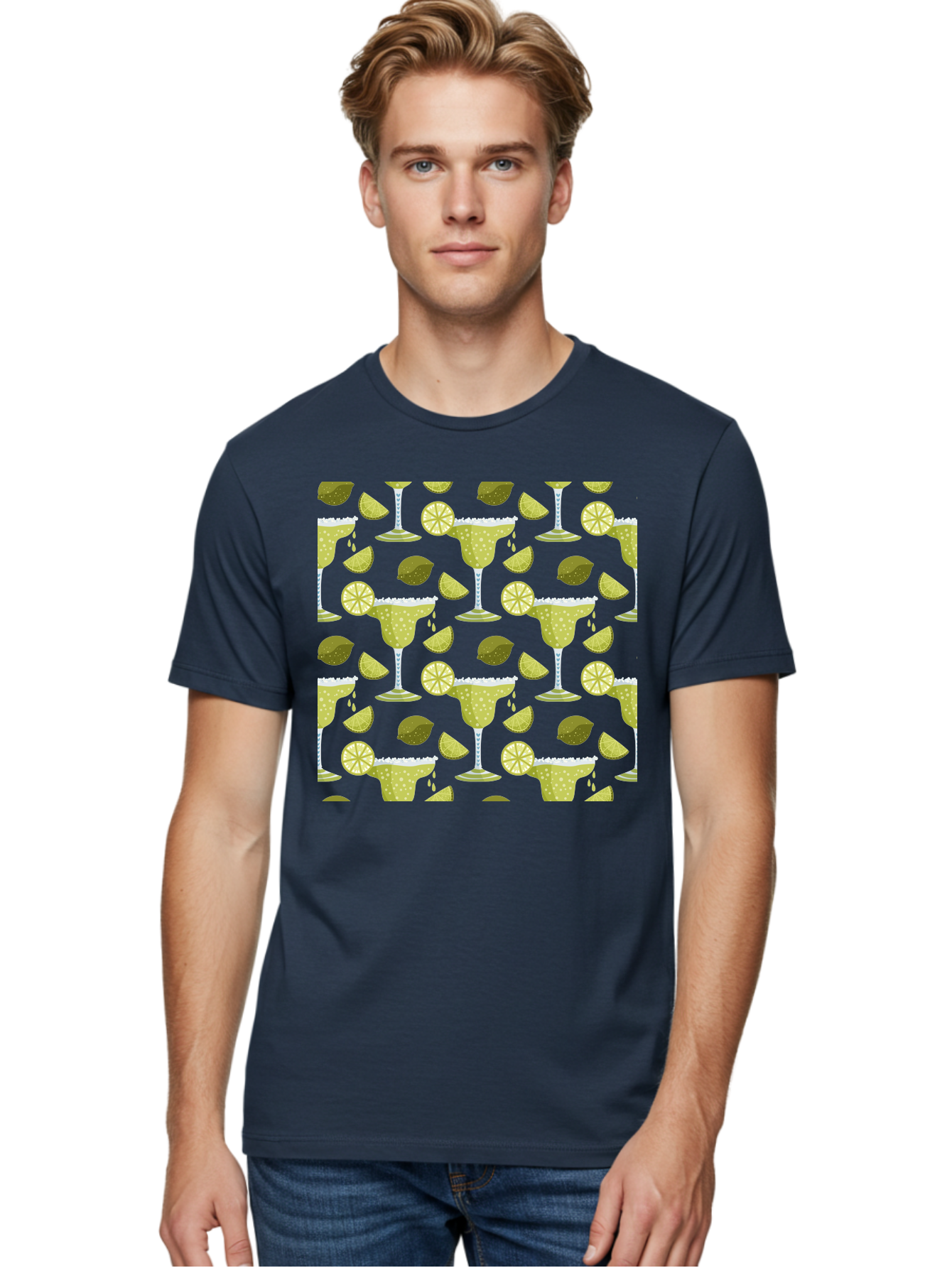 Margarita-Glasses-Lime-Wedges Men'S Graphic Tee, 100% Cotton, Comfortable Casual Summer Wear, Machine Washable, Margarita Glasses, Cocktail Glasses, Yellow Polka Dots, Salt Rims, Lime Wedges, Citrus Slices, Festive Patterns, - Aaa277 30
