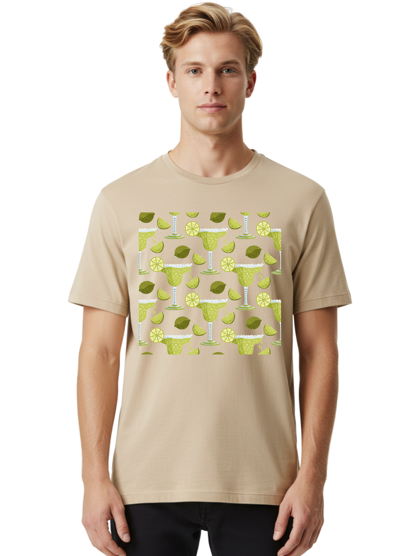 Margarita-Glasses-Lime-Wedges Men'S Graphic Tee, 100% Cotton, Comfortable Casual Summer Wear, Machine Washable, Margarita Glasses, Cocktail Glasses, Yellow Polka Dots, Salt Rims, Lime Wedges, Citrus Slices, Festive Patterns, - Aaa277 20