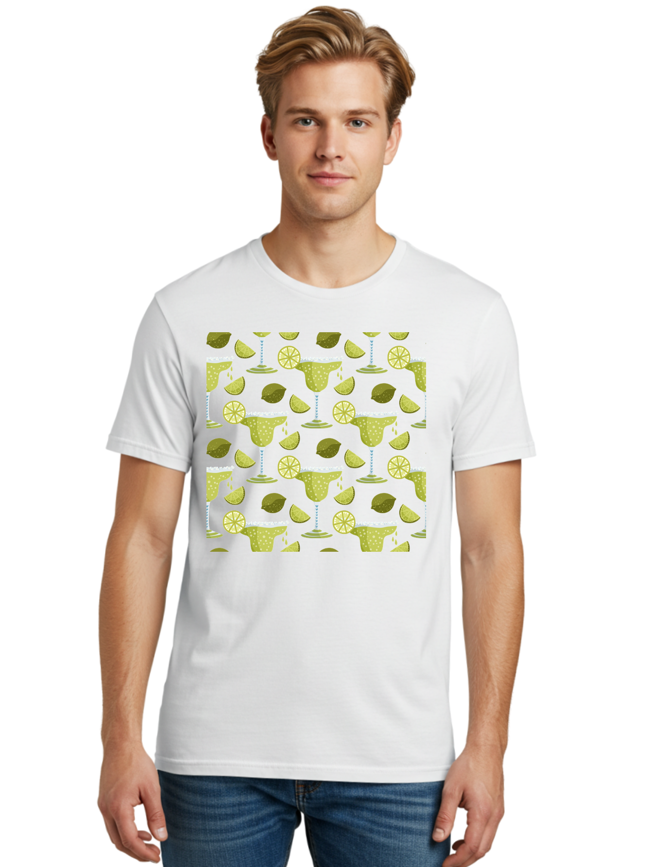 Margarita-Glasses-Lime-Wedges Men'S Graphic Tee, 100% Cotton, Comfortable Casual Summer Wear, Machine Washable, Margarita Glasses, Cocktail Glasses, Yellow Polka Dots, Salt Rims, Lime Wedges, Citrus Slices, Festive Patterns, - Aaa277 16