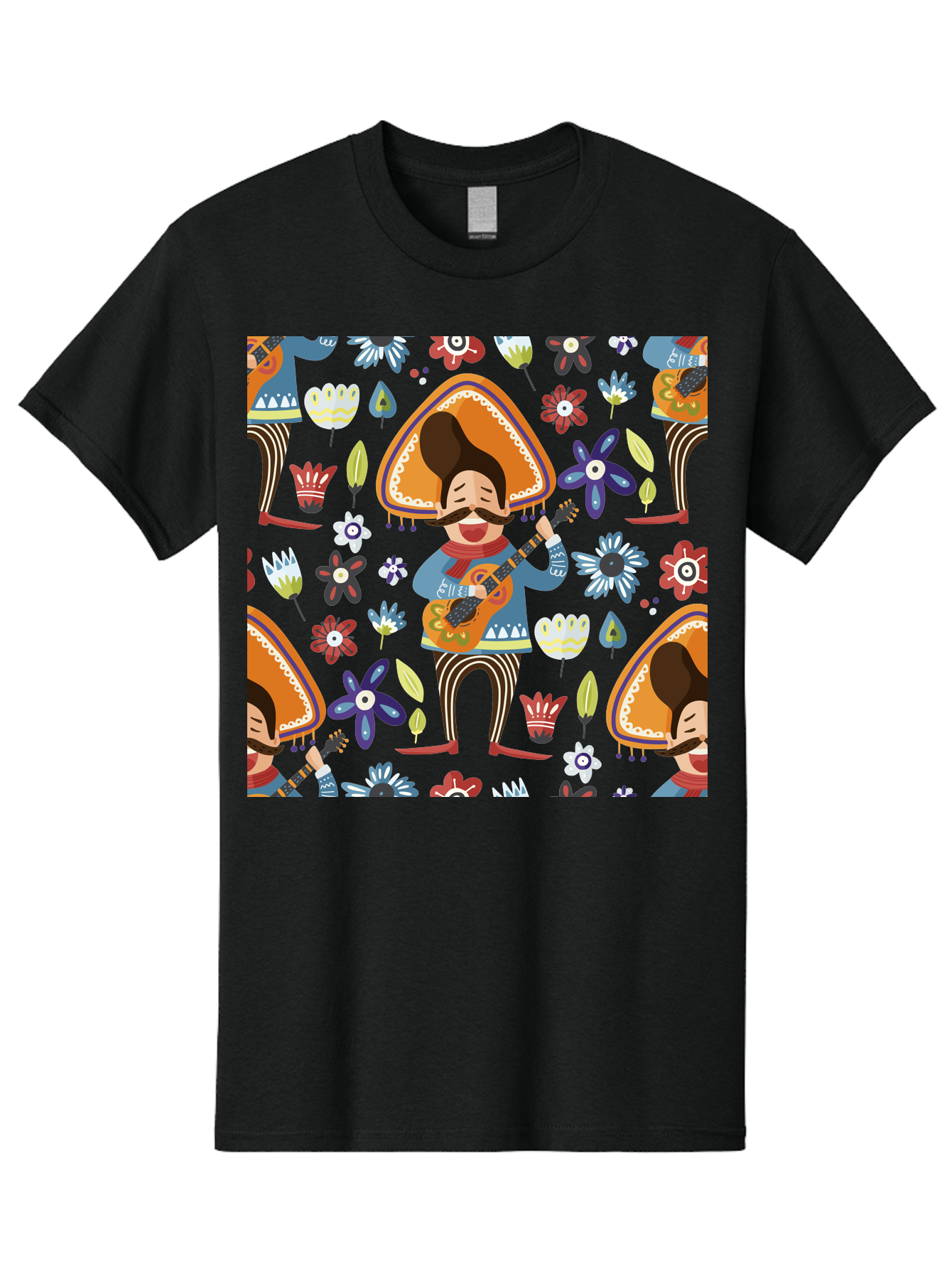 Mexican-Guitarist Men'S Graphic Tee, 100% Cotton, Comfortable Casual Summer Wear, Machine Washable, Mariachi Man Playing Guitar, Sombrero Hat, Mustache, Vibrant Flowers, Festive Atmosphere, Lively Music, Cultural Heritage, - Aaa279 5