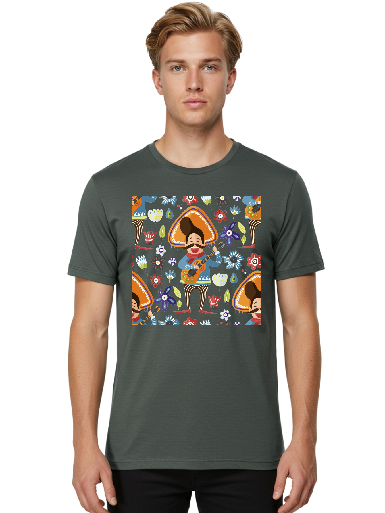 Mexican-Guitarist Men'S Graphic Tee, 100% Cotton, Comfortable Casual Summer Wear, Machine Washable, Mariachi Man Playing Guitar, Sombrero Hat, Mustache, Vibrant Flowers, Festive Atmosphere, Lively Music, Cultural Heritage, - Aaa279 14