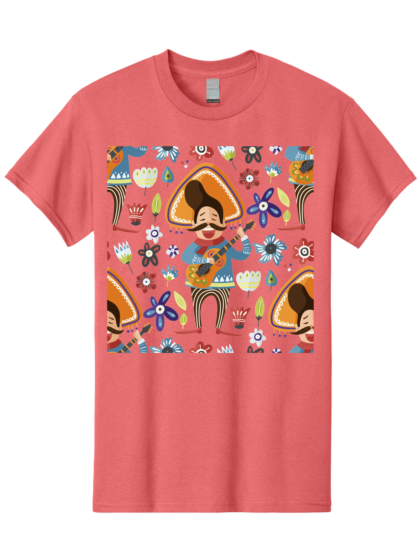 Mexican-Guitarist Men'S Graphic Tee, 100% Cotton, Comfortable Casual Summer Wear, Machine Washable, Mariachi Man Playing Guitar, Sombrero Hat, Mustache, Vibrant Flowers, Festive Atmosphere, Lively Music, Cultural Heritage, - Aaa279 15