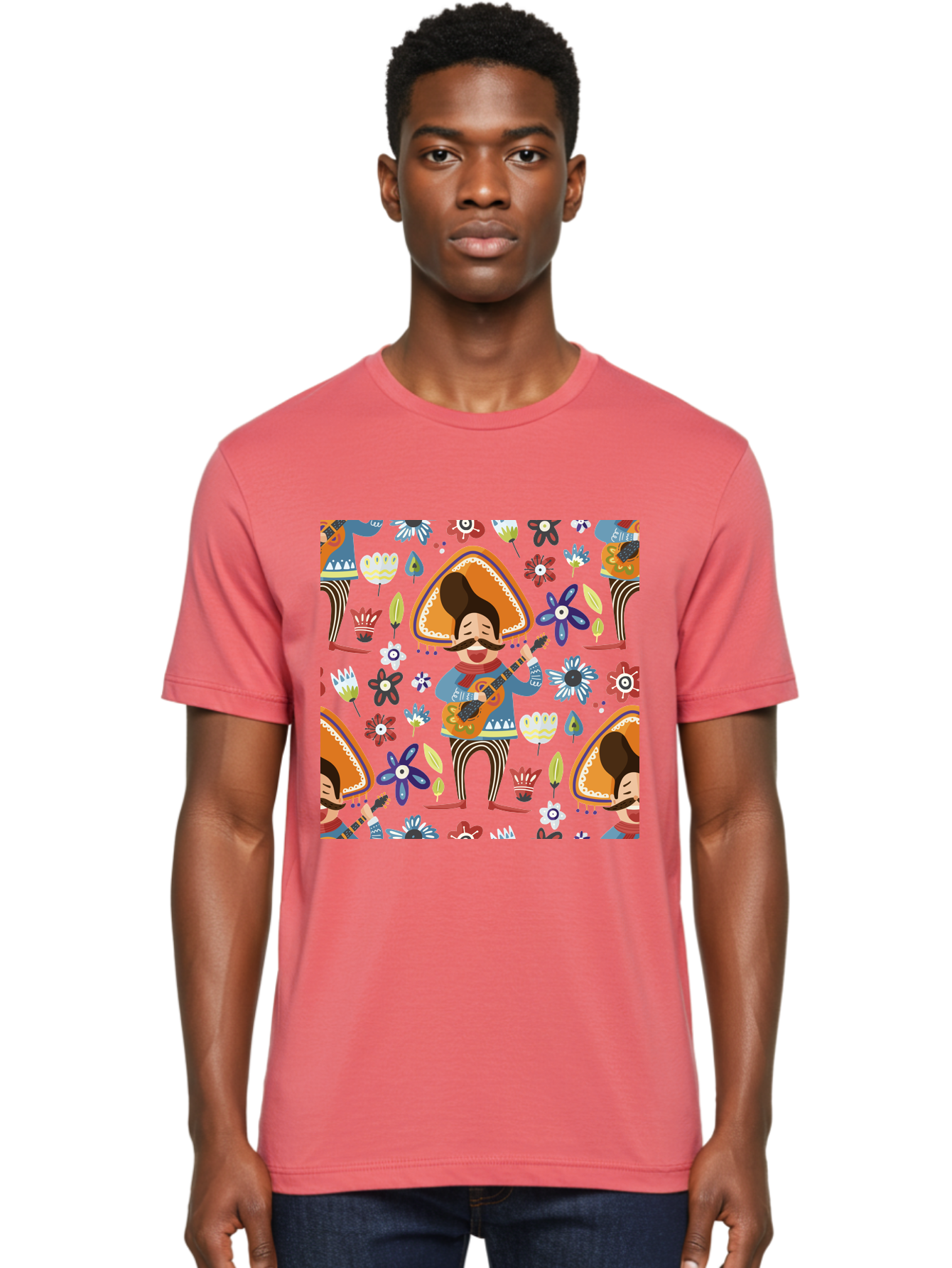 Mexican-Guitarist Men'S Graphic Tee, 100% Cotton, Comfortable Casual Summer Wear, Machine Washable, Mariachi Man Playing Guitar, Sombrero Hat, Mustache, Vibrant Flowers, Festive Atmosphere, Lively Music, Cultural Heritage, - Aaa279 16