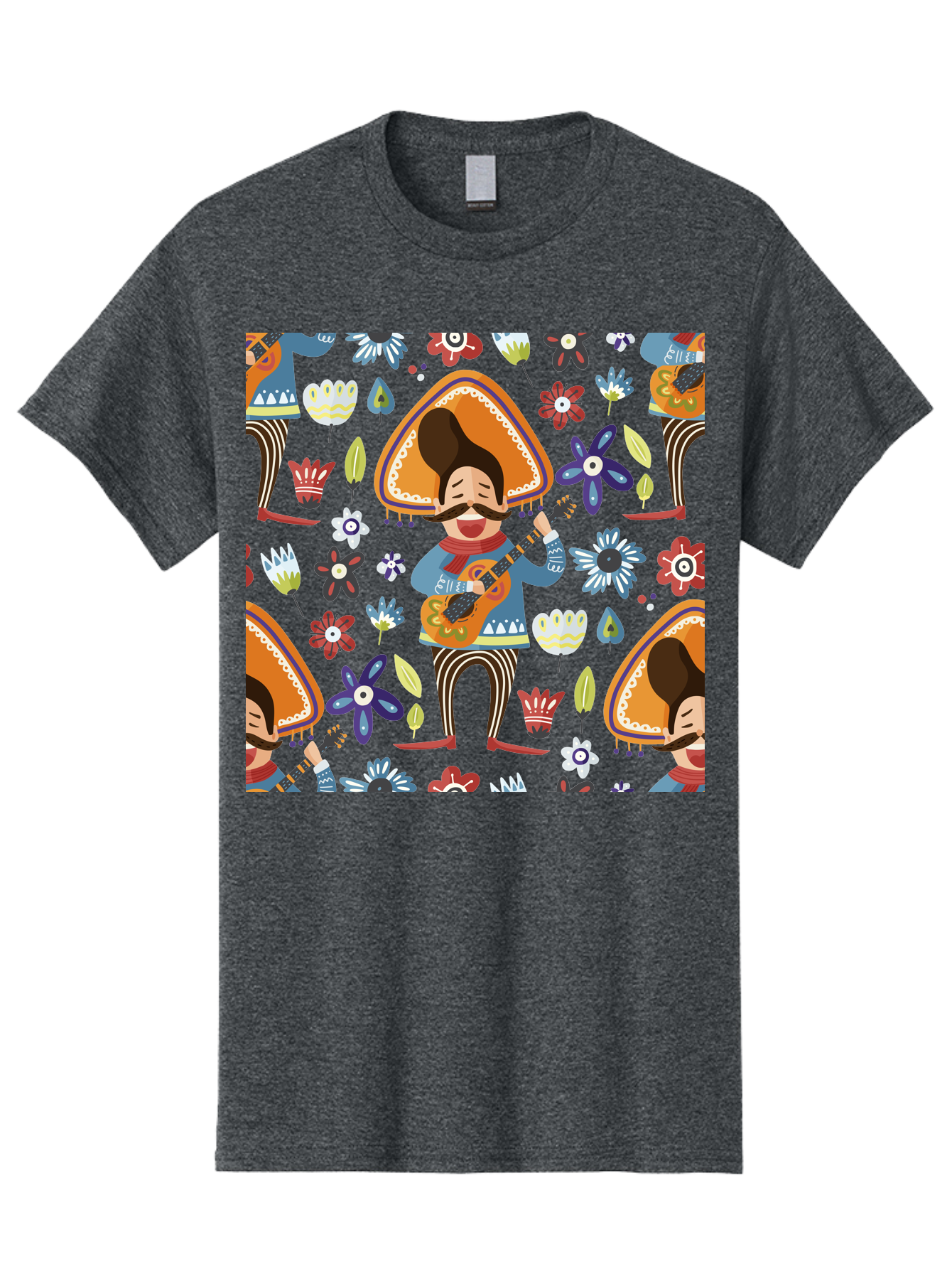 Mexican-Guitarist Men'S Graphic Tee, 100% Cotton, Comfortable Casual Summer Wear, Machine Washable, Mariachi Man Playing Guitar, Sombrero Hat, Mustache, Vibrant Flowers, Festive Atmosphere, Lively Music, Cultural Heritage, - Aaa279 7