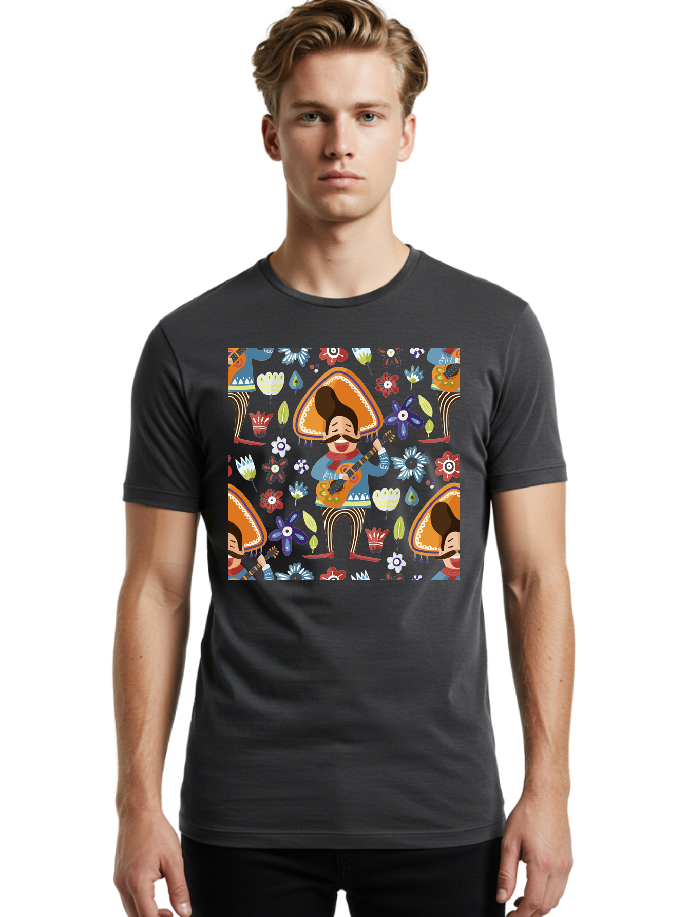 Mexican-Guitarist Men'S Graphic Tee, 100% Cotton, Comfortable Casual Summer Wear, Machine Washable, Mariachi Man Playing Guitar, Sombrero Hat, Mustache, Vibrant Flowers, Festive Atmosphere, Lively Music, Cultural Heritage, - Aaa279 8