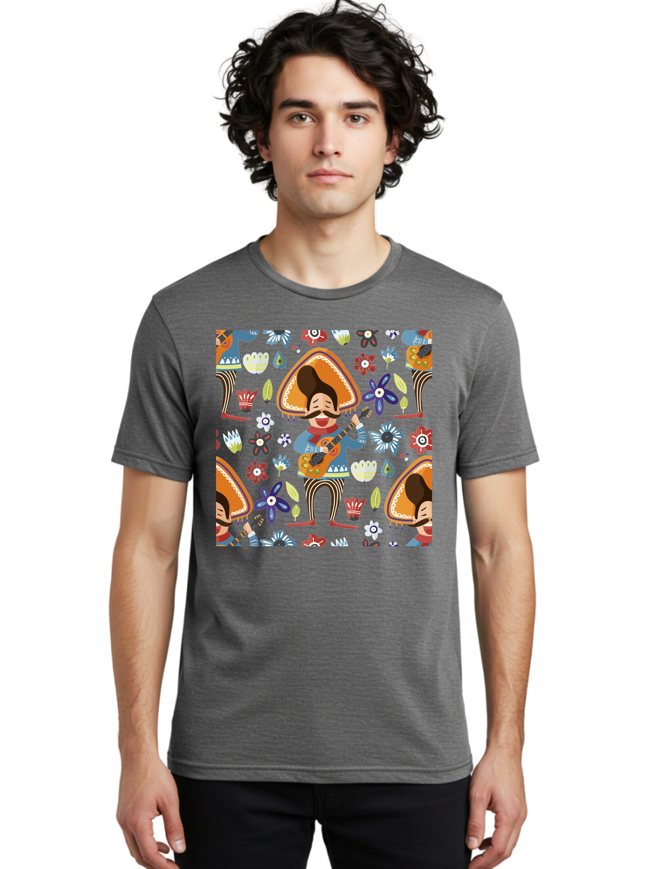 Mexican-Guitarist Men'S Graphic Tee, 100% Cotton, Comfortable Casual Summer Wear, Machine Washable, Mariachi Man Playing Guitar, Sombrero Hat, Mustache, Vibrant Flowers, Festive Atmosphere, Lively Music, Cultural Heritage, - Aaa279 12