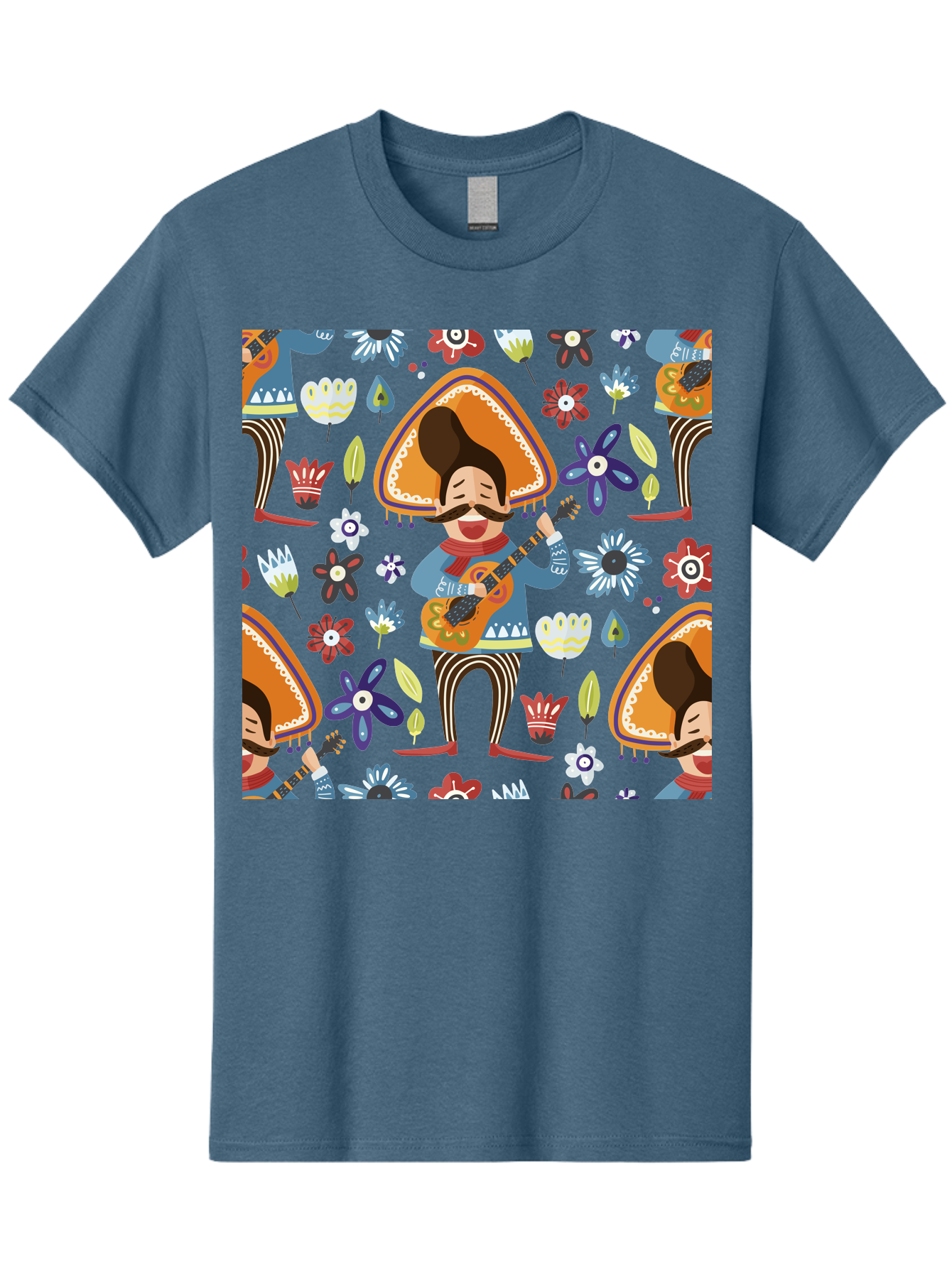 Mexican-Guitarist Men'S Graphic Tee, 100% Cotton, Comfortable Casual Summer Wear, Machine Washable, Mariachi Man Playing Guitar, Sombrero Hat, Mustache, Vibrant Flowers, Festive Atmosphere, Lively Music, Cultural Heritage, - Aaa279 17